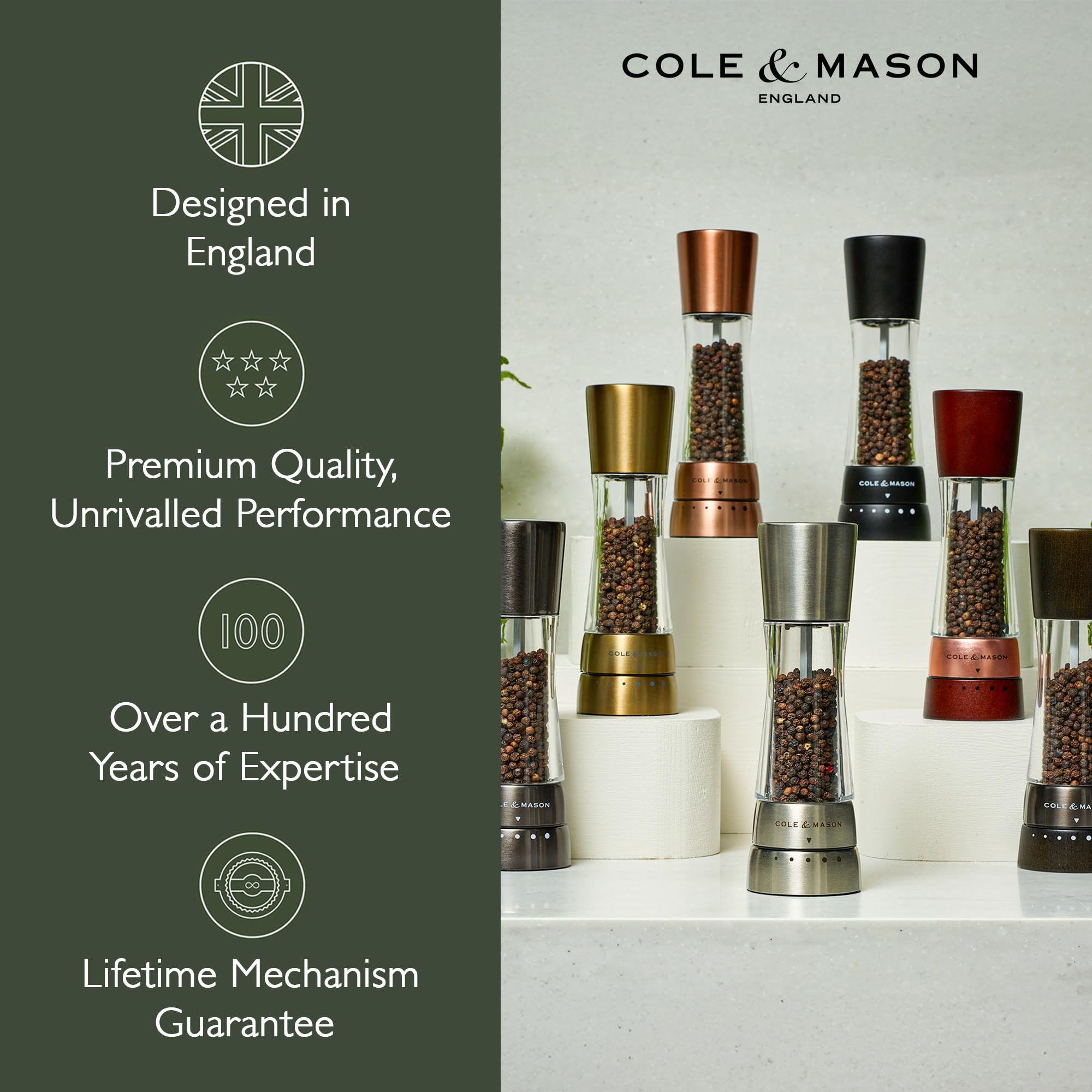 Cole & Mason H59428G Derwent Gunmetal Macina Sale e Pepe, Macina Sale e Pepe, Ceramica Regolabile Macinino, Macinaspezie, Acciaio inossidabile, Acrilico, 190mm, Pacco Regalo, Include 2 x Mulini