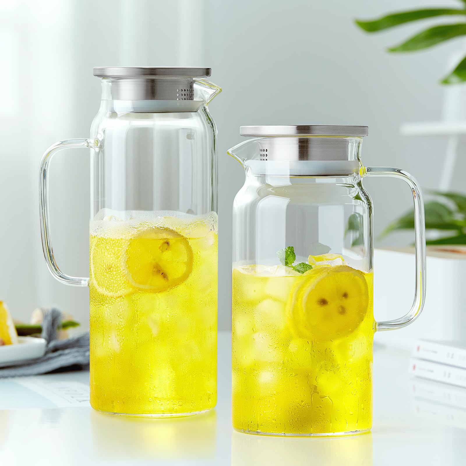 Brocca In Vetro 1,8L Per Porta Frigo Con Coperchio In Acciaio Inox - Caraffa Per Succhi E Tè, Oro - 4