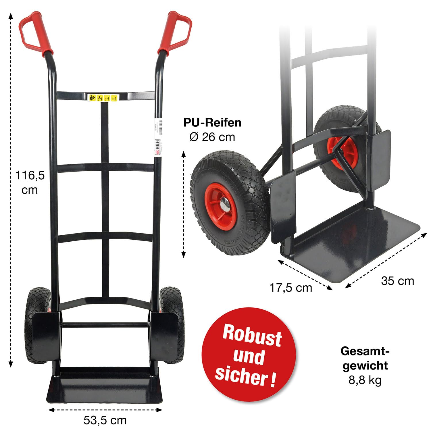 HBH Sackkarre 200kg Vollgummireifen TK200PU01 Transportkarre, schwarz, pannensicheres PU-Rad, kugelgelagert, robuster Stahlrohrrahmen, Sicherheitsgriffe, ideal für Haus, Garten, Werkstatt & Umzug