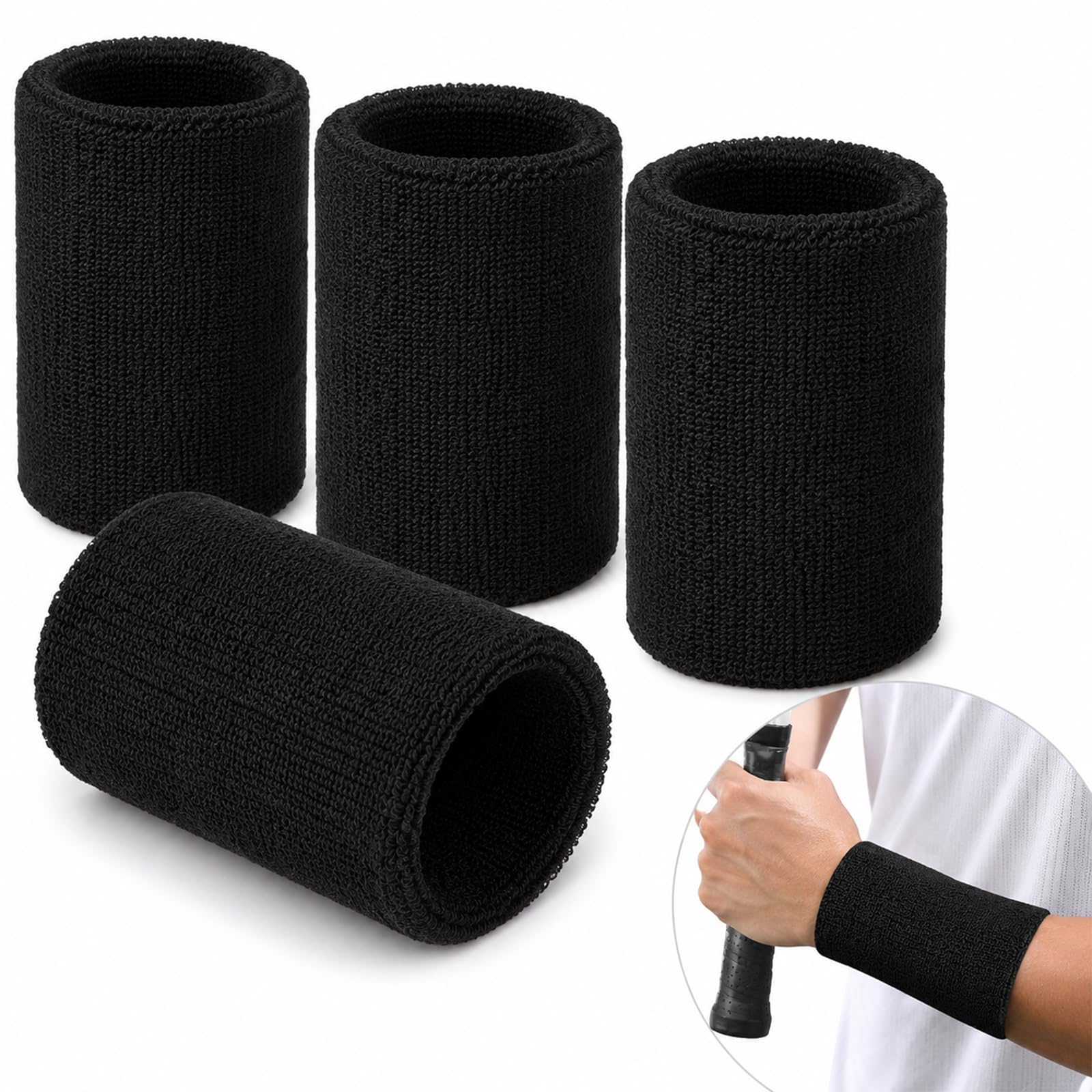4PCS Sweat Bands Wristbands,6 Inch 15x8cm Black Cotton Wrist Bands Extended