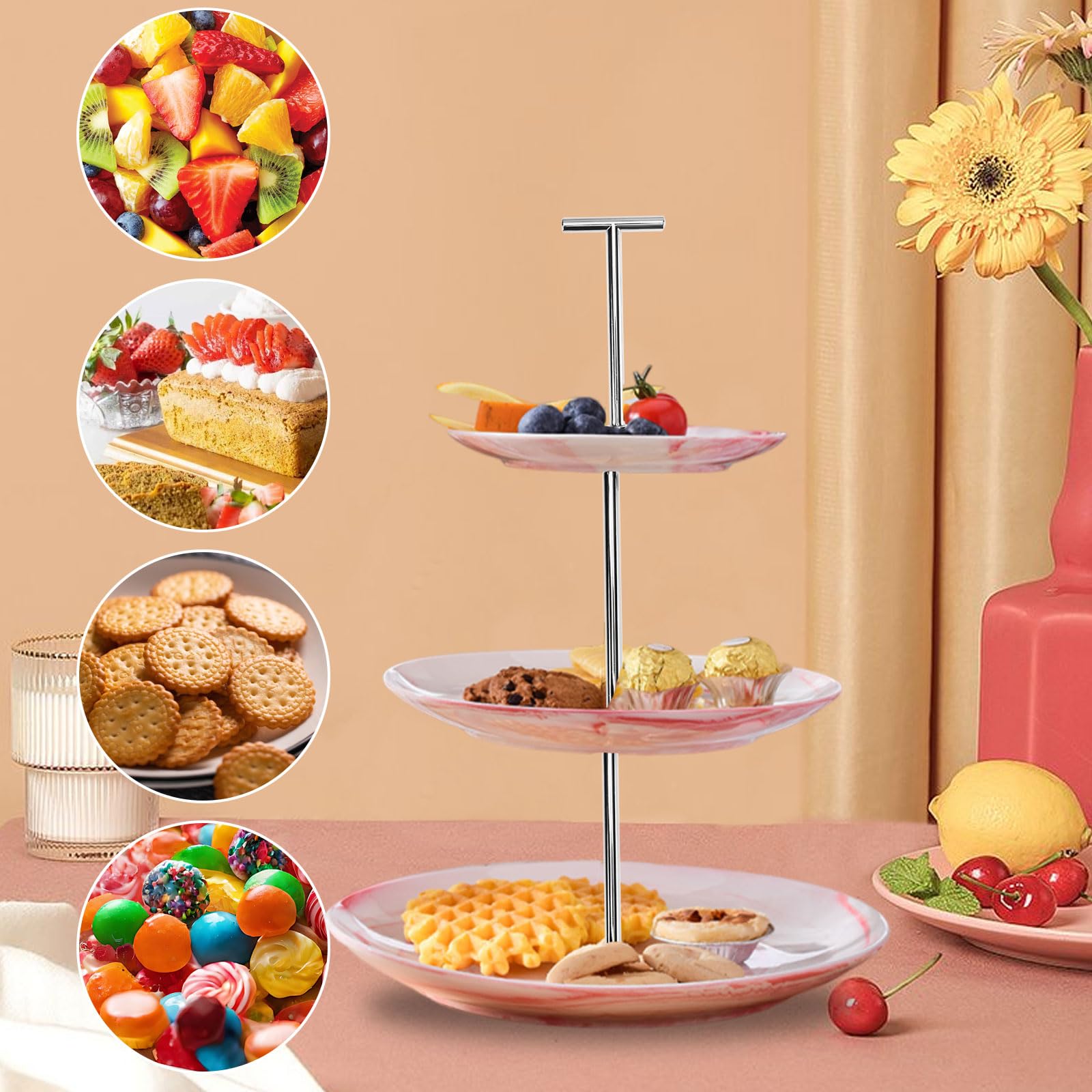 Nsiwem 5 Ensembles Tiges pour Stand à gâteaux Accessoires pour Stand à gâteaux Kits Support Présentoir Gâteaux 2/3 Niveaux Poignée de Plateau à Cupcake pour Mariage Anniversaire Fête (Cœur, Argent