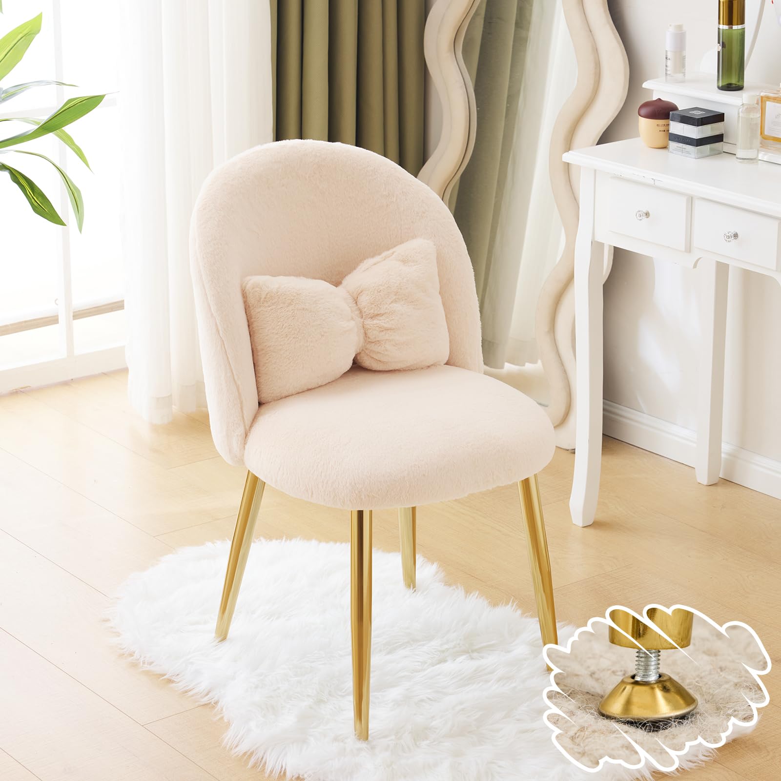 Bonnlo Girls Vanity Chair with Back & Pillow, Cute Small Cozy Desk Chair No Wheels, Comfy Makeup Ch with Ajustable Gold Legs,for Bedroom,Living Room, Small Space, Khaki