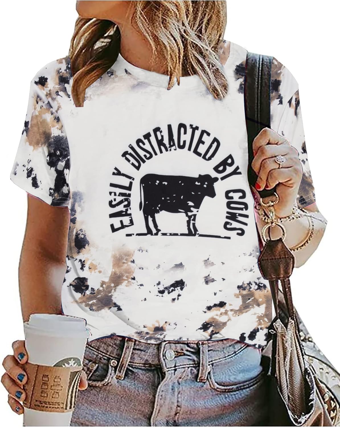 Cow Shirts for Women Easily Distracted by Cows Bleached Cowgirl T-Shirt Short Sleeve Vintage Western Tops - Image 4