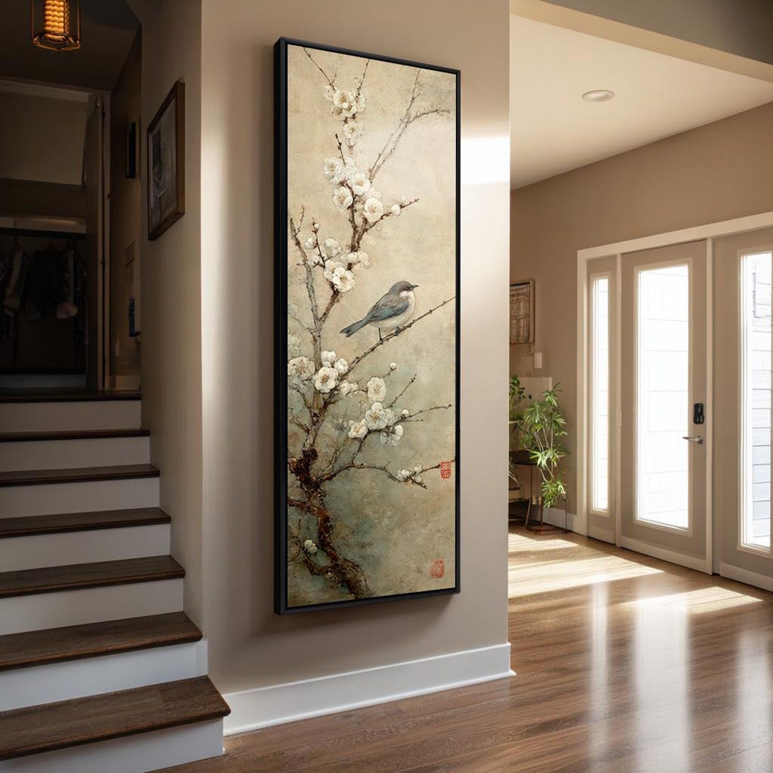XINBAO Narrow Nature Scene, Vertical Large Canvas Paint, Bird Canvas Wall Art, Tall Long Abstract Decor Horizontal Bed Decor(35x105cm/Frameless)