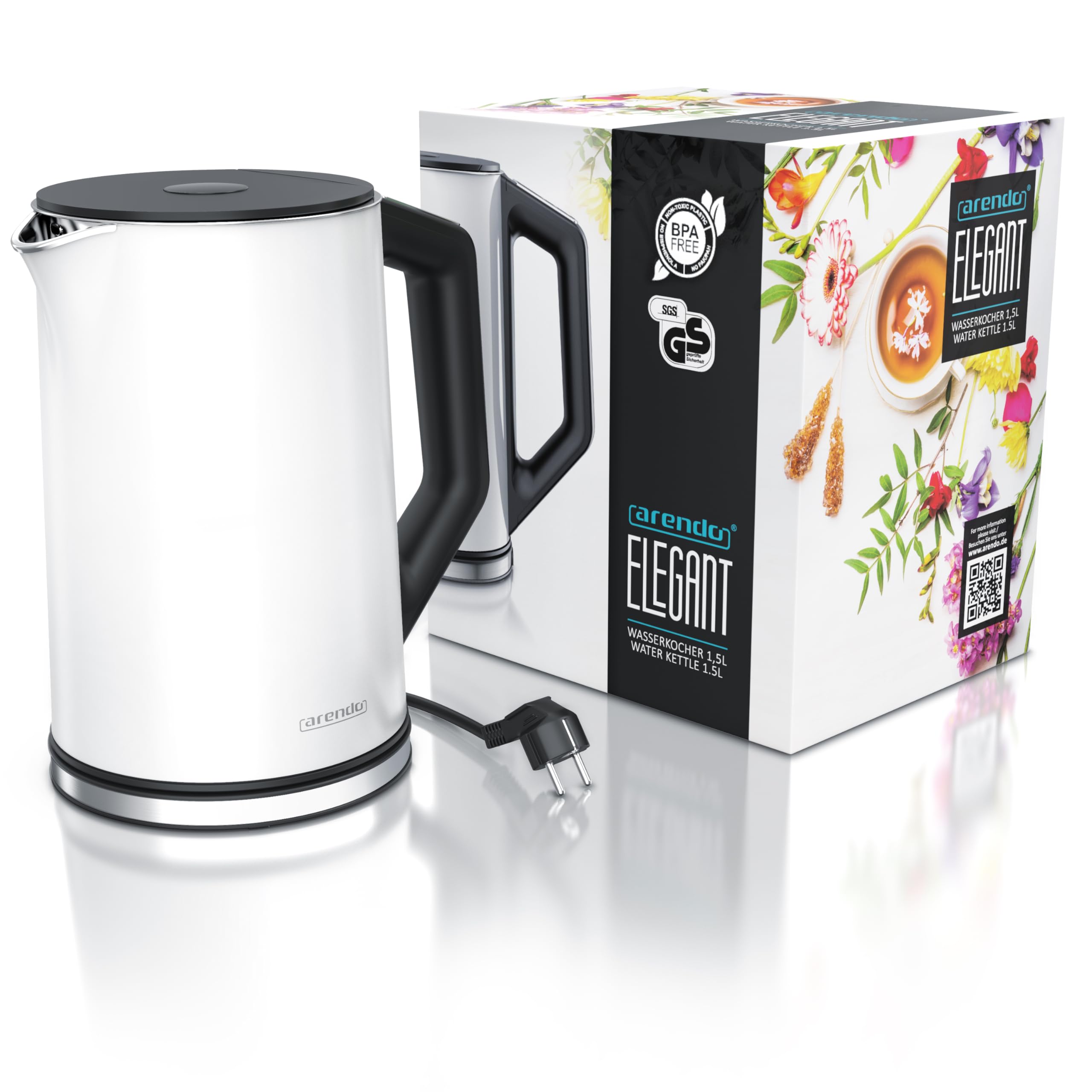 Arendo - Edelstahl Wasserkocher mit Temperatureinstellung 40-100 Grad in 5er Schritten - Doppelwand Design - Modell ELEGANT - 1,5 Liter - 2200 W - Teekocher mit Temperaturanzeige - GS - Weiß