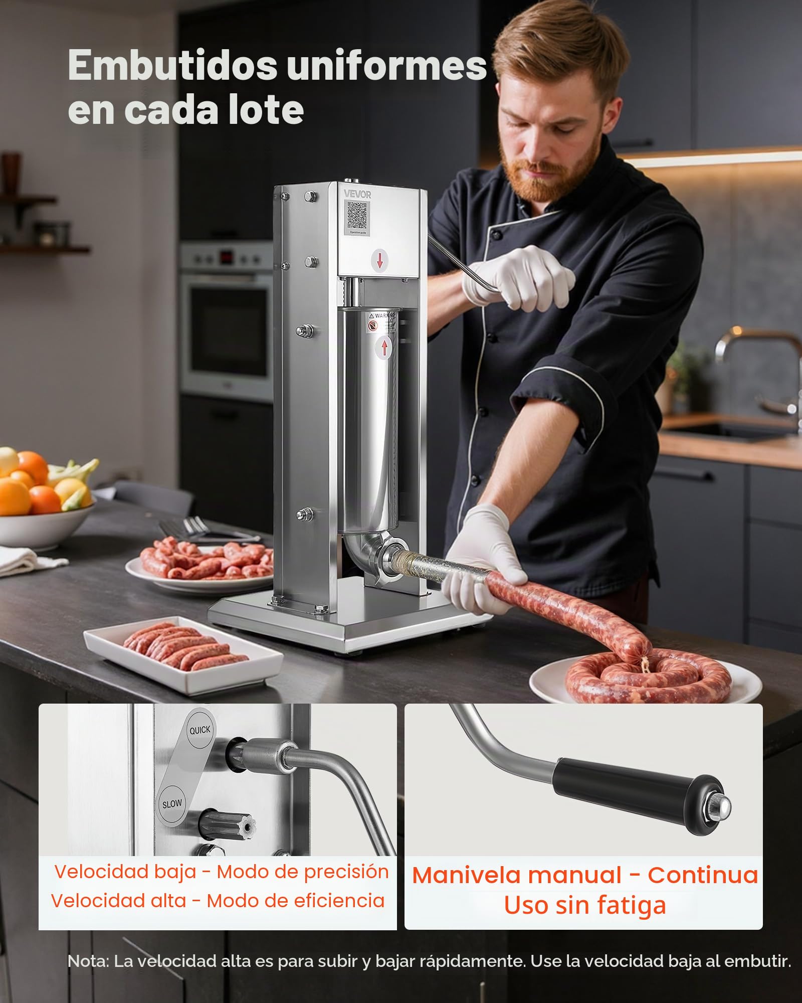 VEVOR Embutidora Manual de Salchichas de 5 L, Máquina de Llenado Vertical de Carne con 2 Velocidades de Rápida/Lenta, Acero Inoxidable Resistente, con 5 Tubos de Embutido, 490 x 300 x 660 mm