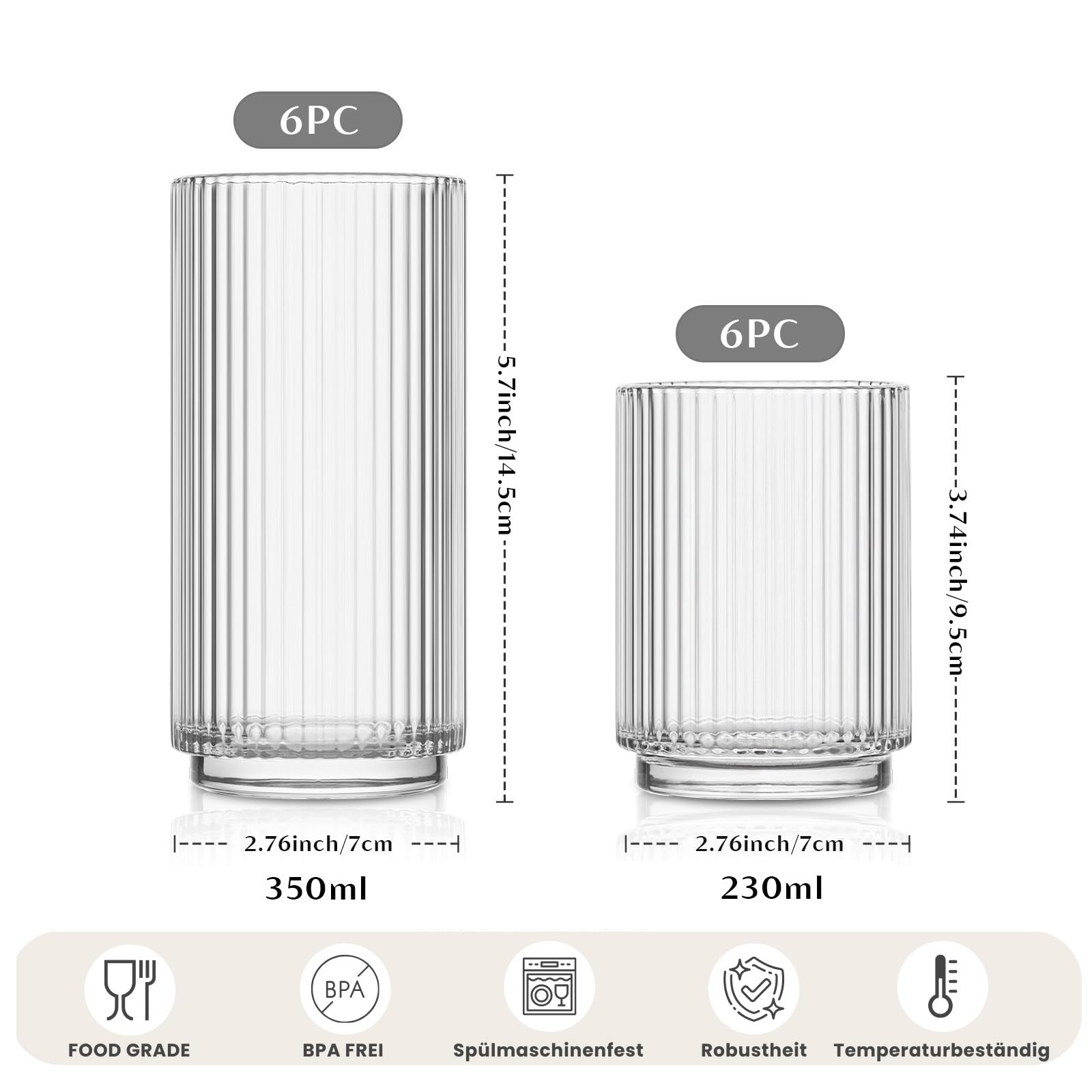 INSETLAN Wassergläser 12er-Set, 6x 355ml Highball Gläser & 6x 235ml Lowball Gläser, Geriffelte Trinkgläser für Ideal für Zuhause, Restaurants, Partys | Spülmaschinenfest