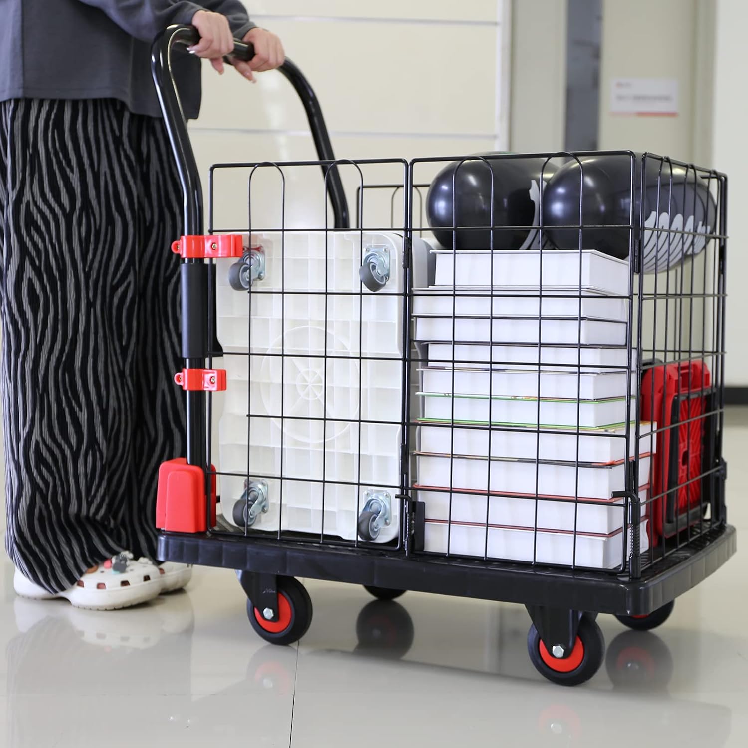 Heavy Duty Hand Truck with Cage, Removable Cage Dolly, Wheels, Load 660lbs, Multipurpose Grocery Cart, Shopping & Moving Storage