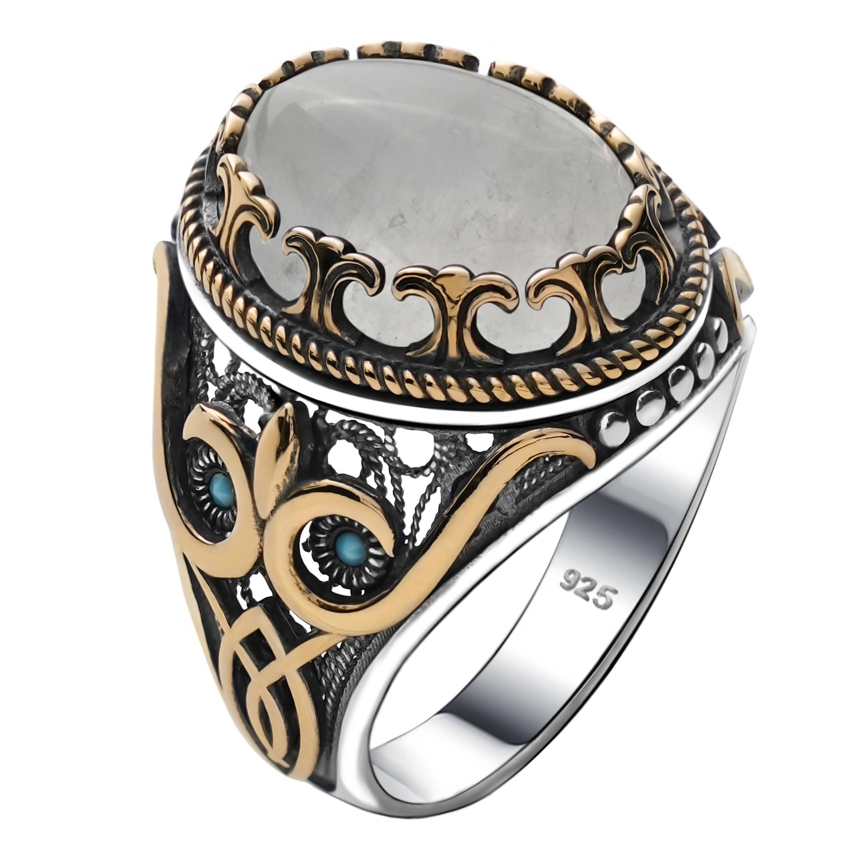 Genuine Solid 925 Sterling Silver Accented with Bronze, Natural or Simulated Gemstone, Authentic Vintage Turkish Ottoman Style Ring for Men