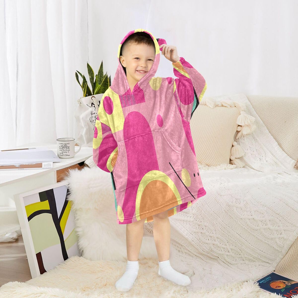 Kolorowy abstrakcyjny geometryczny koc do noszenia dla dzieci bluza z kapturem oversize bluza koc sweter dla chłopców i dziewcząt w wieku 3-14 lat