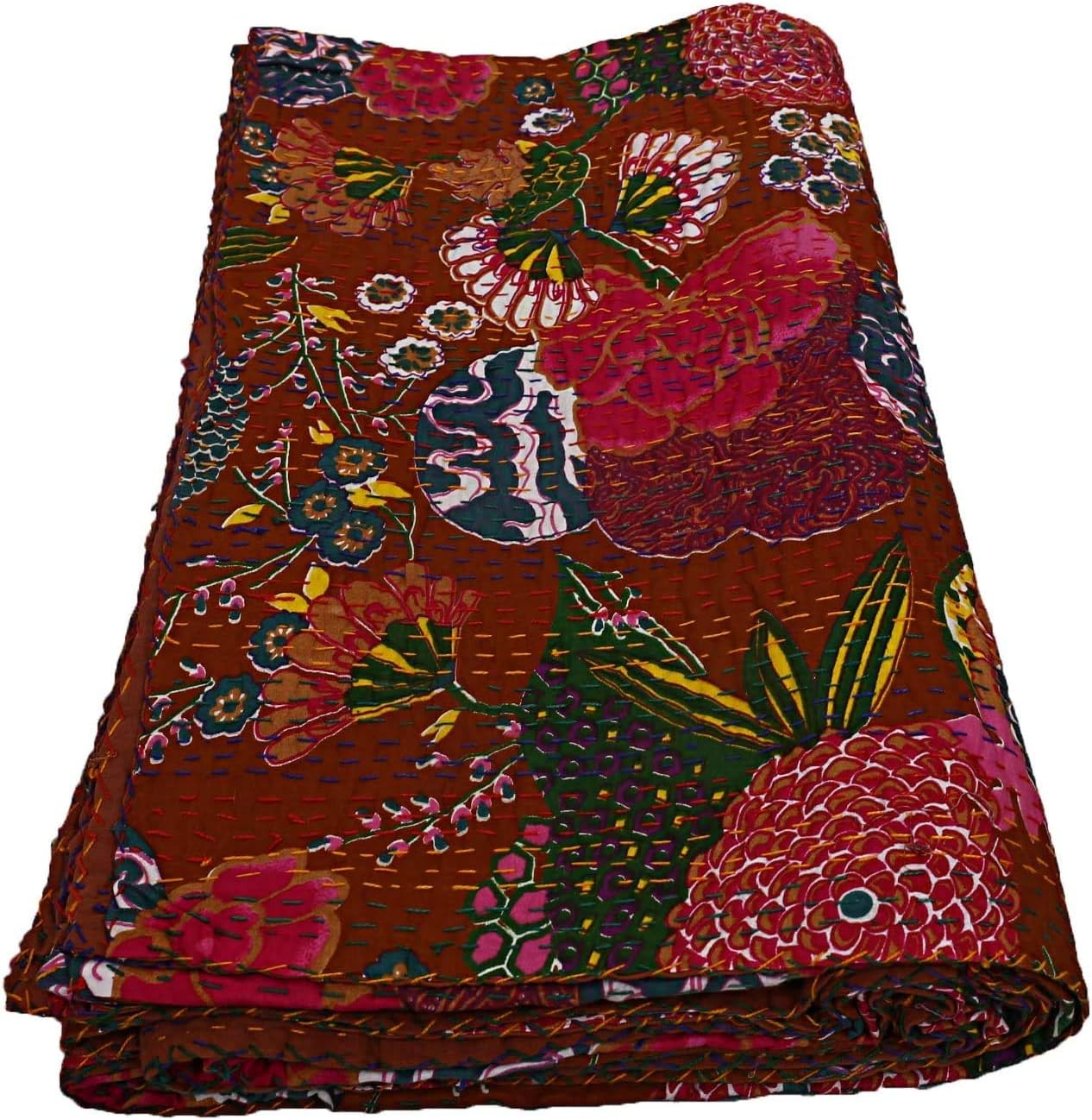 Queen/Twin/King Indian Maroon Fruit Reversible Bedspread Pattern Gudri Pure Cotton Kantha Style Quilt Floral Fruit Print Decorative Kantha Stitch Quilt (90X108 inches)