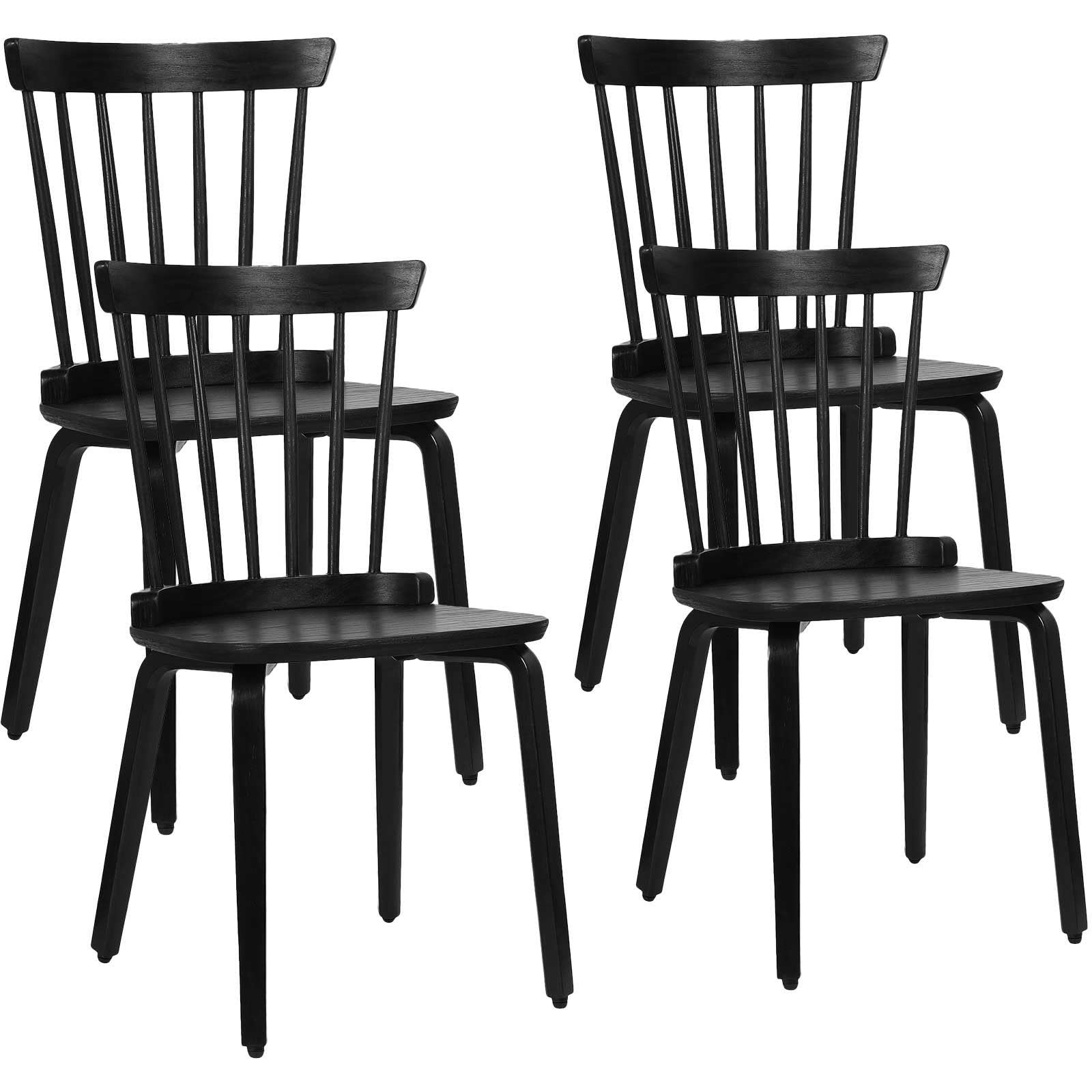 RêveLife Solid Wood Dining Chair Set of 4, Farmhouse Windsor Style Side Chair with Ergonomic Spindle Back and Bentwood Legs Accent Armless Chair for Dining Room Kitchen Dinner, Black, 260lbs Capacity