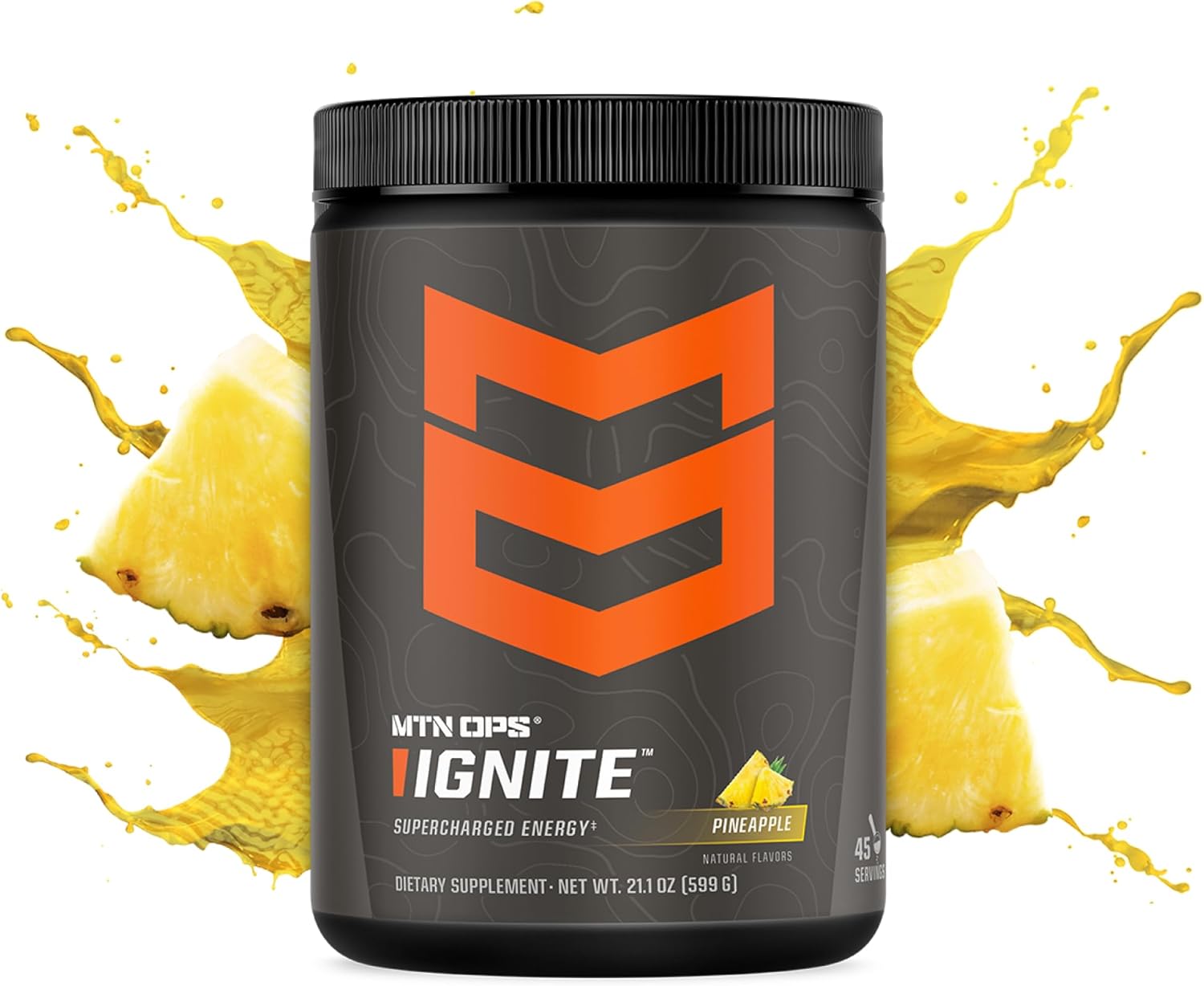 MTN OPS Ignite Sugar Free Energy Drink Powder with 200mg Caffeine, Nootropic Blend for Energy, Focus & Endurance, L Arginine & L Citrulline Pre Workout, 45 Servings, Pineapple