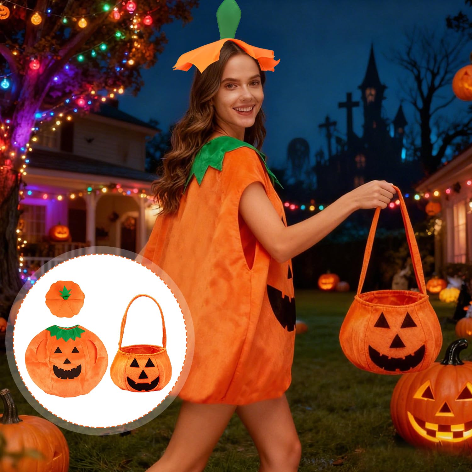 RUGBOL Pumpkin Costume, Adults Halloween Costumes Pumpkin Fancy Dress Costume Hat Party Cosplay Props for Women Men - Image 4