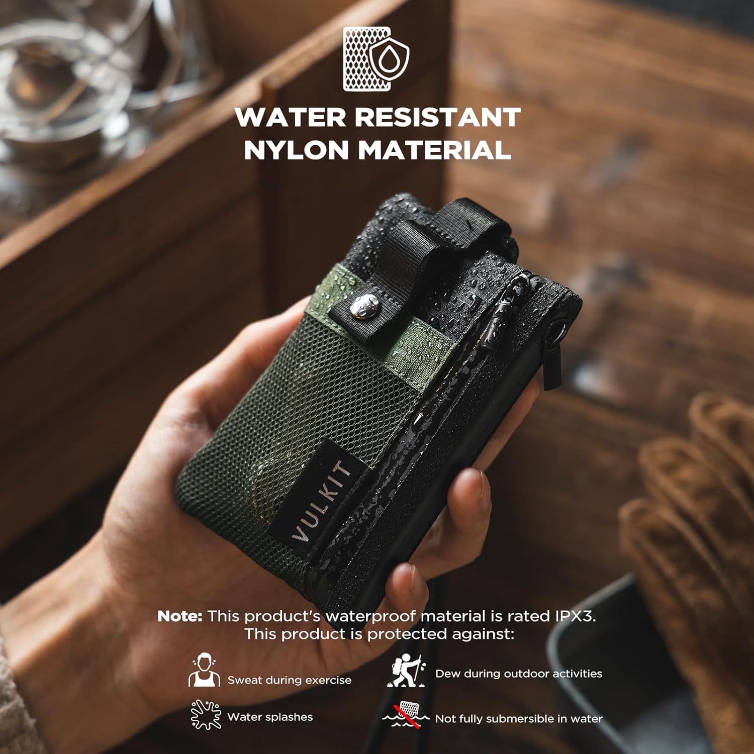 VULKIT Small Minimalist Wallet for Women and Men RFID Blocking, Zipper Coin Pouch with ID Window and Keychain, Water Resistant Nylon Travel Lanyard Wallet Army Green Black - Image 2