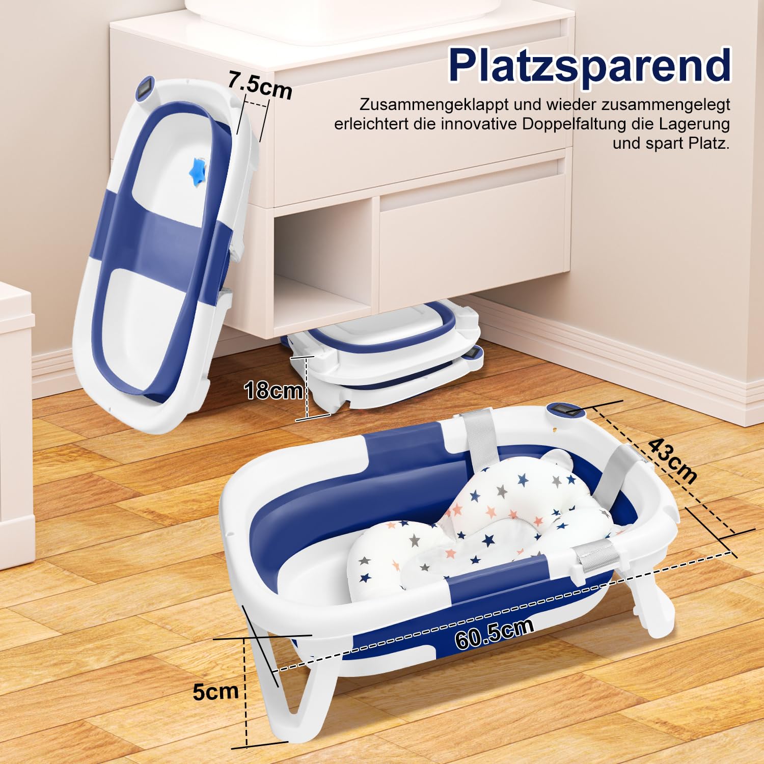 Daromigo Bañera plegable para bebé, con termómetro, con cojín suave, soporte antideslizante, ahorra espacio, para recién nacidos, color azul
