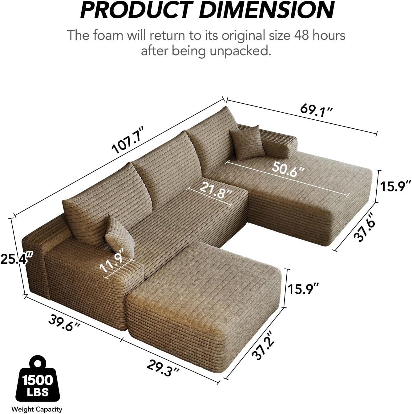 Camel Corduroy U-Shape Sectional 2-Seater Right Chaise Ottoman Deep Seat 107.7
