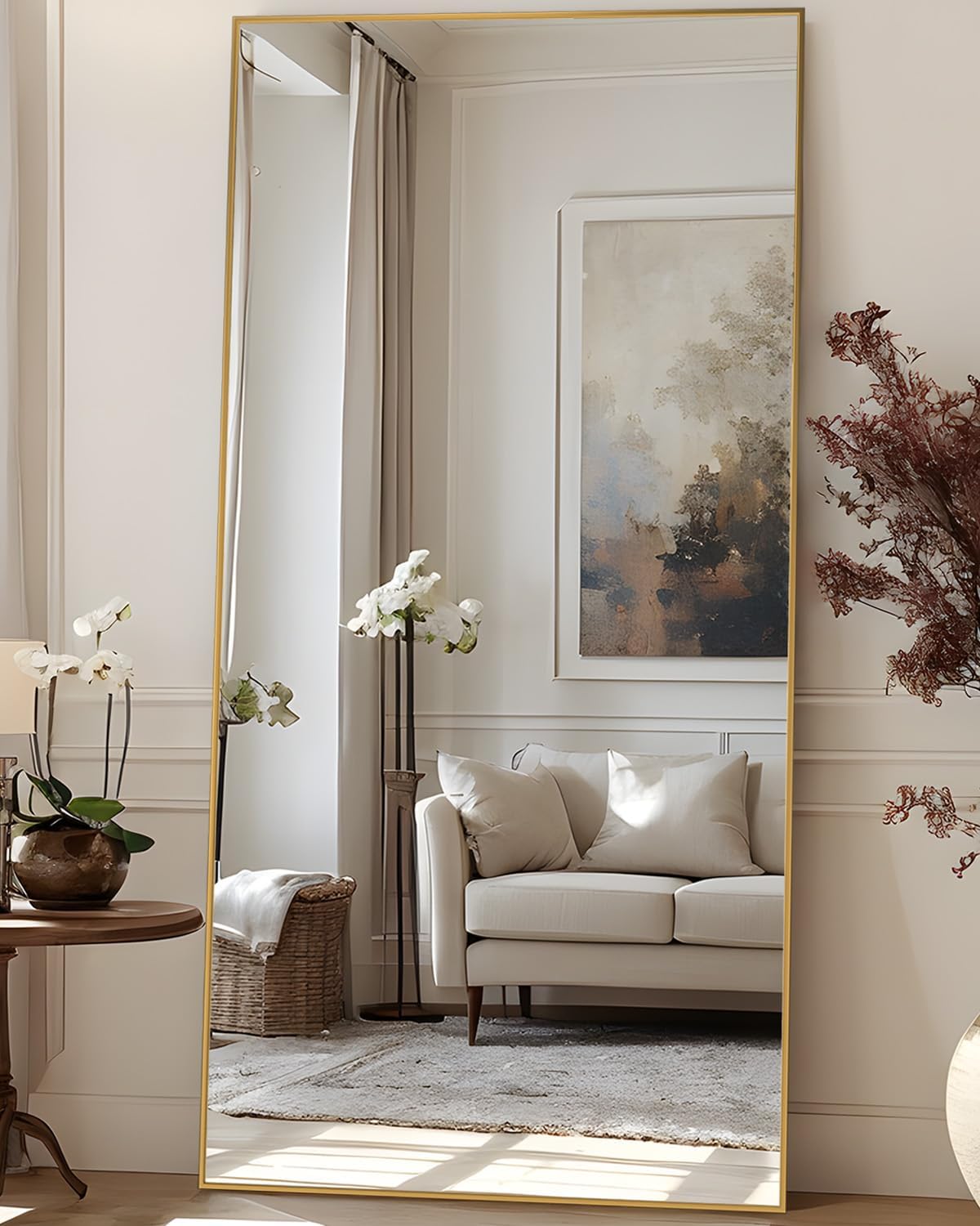 Full Length Mirror, 78"x38" Oversized Floor Mirror Freestanding, Full Body Floor Standing Mirror with Stand, Hanging Mounted for Bedroom Living Room, Gold, Rect Style