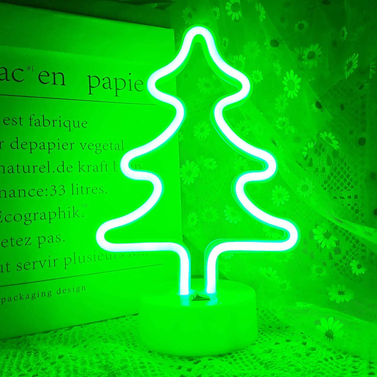 VIFULIN Neon Christmas Tree Light, Battery/USB Powered Green Christmas Neon Sign with Base, Christmas Room Decor