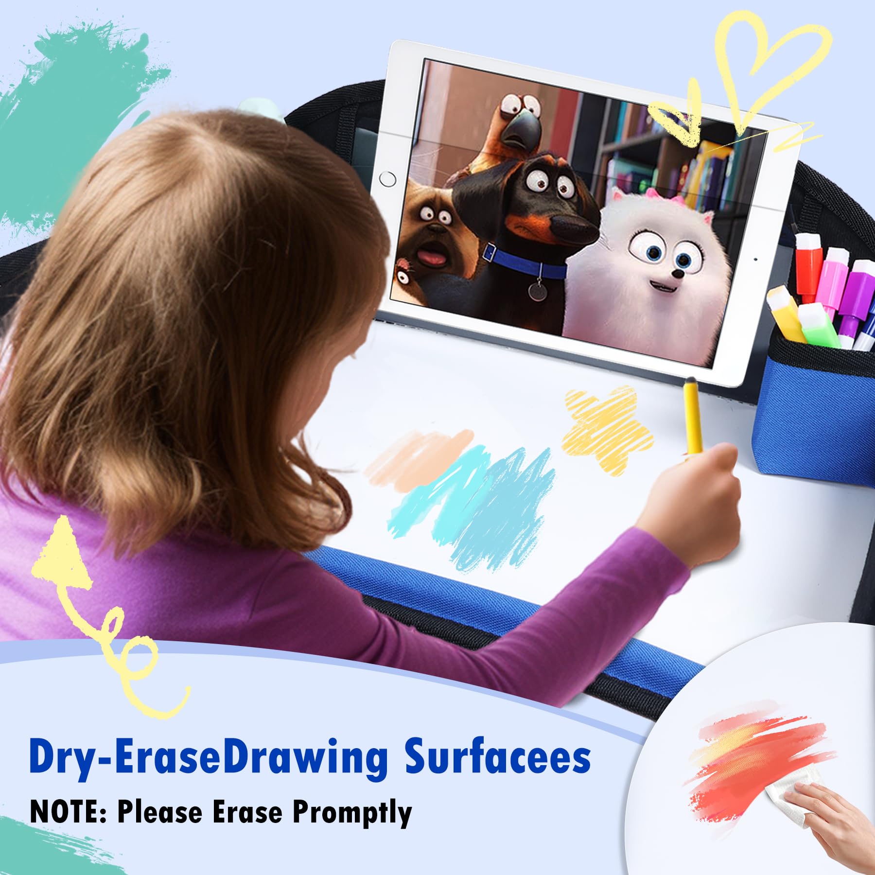 Bandeja de viaje para niños, bandeja de viaje para asiento de coche para niños, artículos esenciales de viaje por carretera para niños pequeños con kit de dibujo, bandeja de asiento de coche