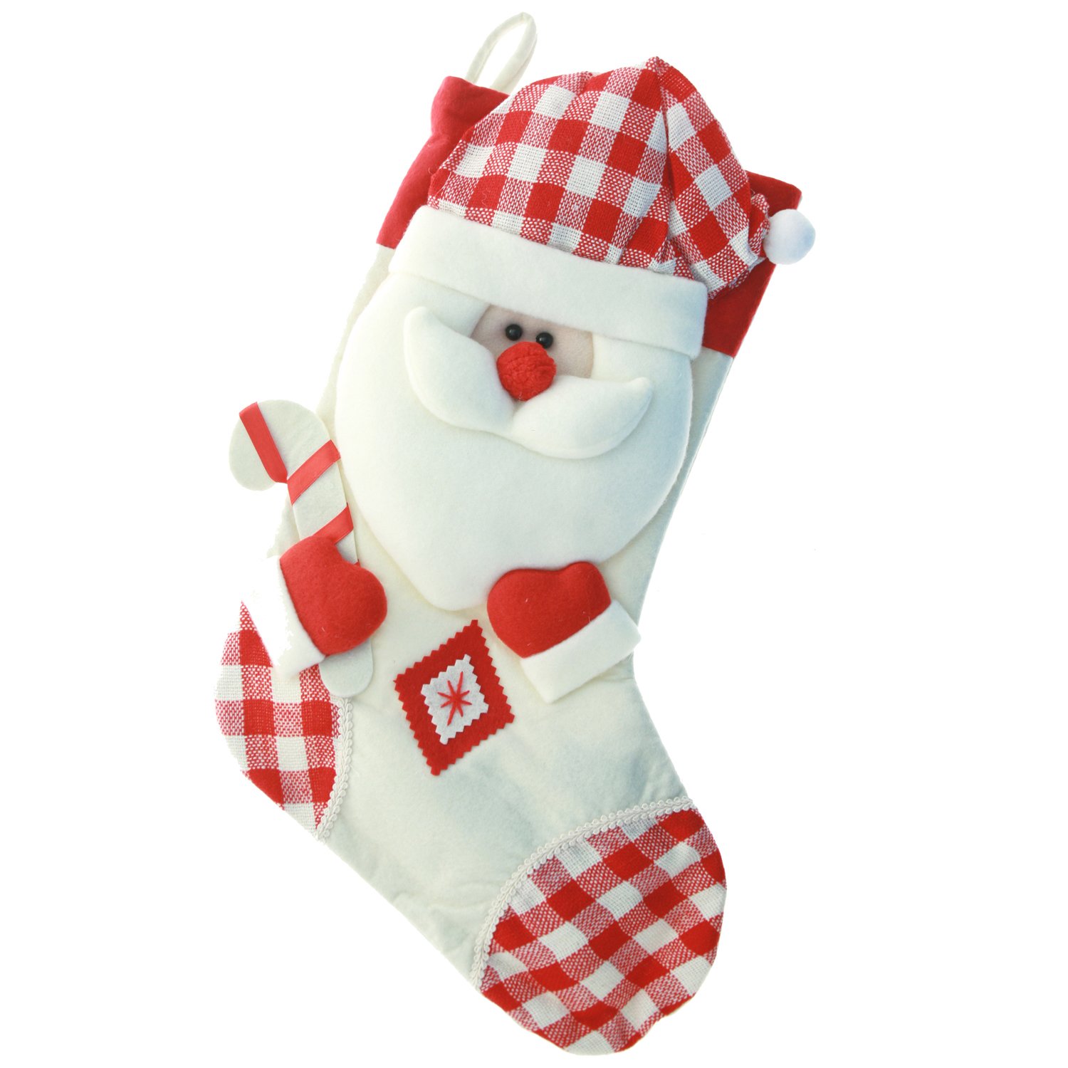WeRChristmas Christmas Stocking with 3D Santa Claus Head in Tartan Finish, 48 cm - Red/White