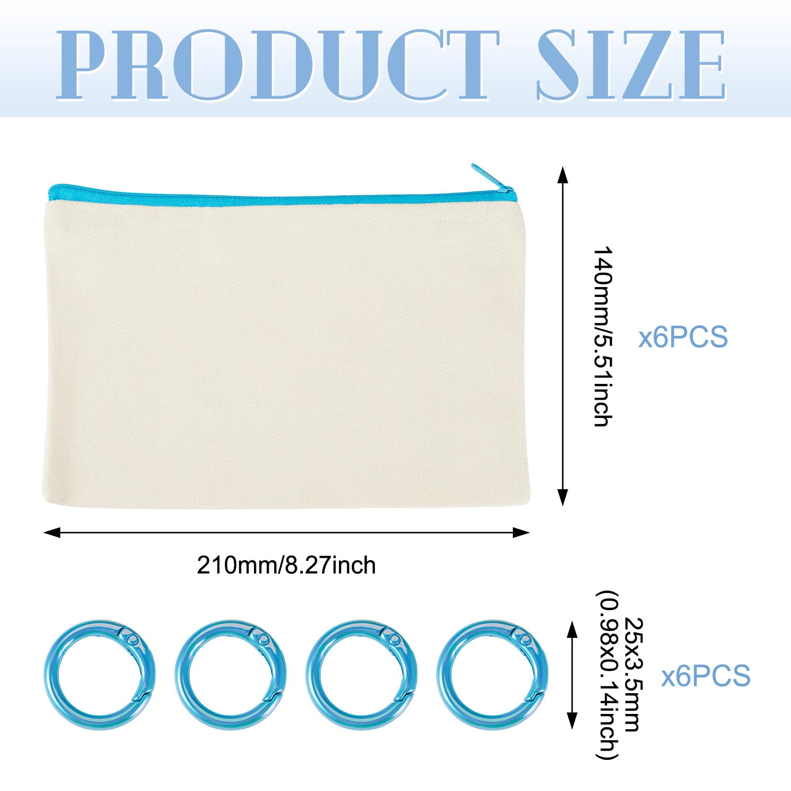 Bestewelry 6 pcs Canvas Travel Cosmetic Bags Blank Canvas Makeup Bags Blank Fabric Pencil Cases with Rings for Students School Storage Women Travel Makeup Organizer, Light Sky Blue - Image 3