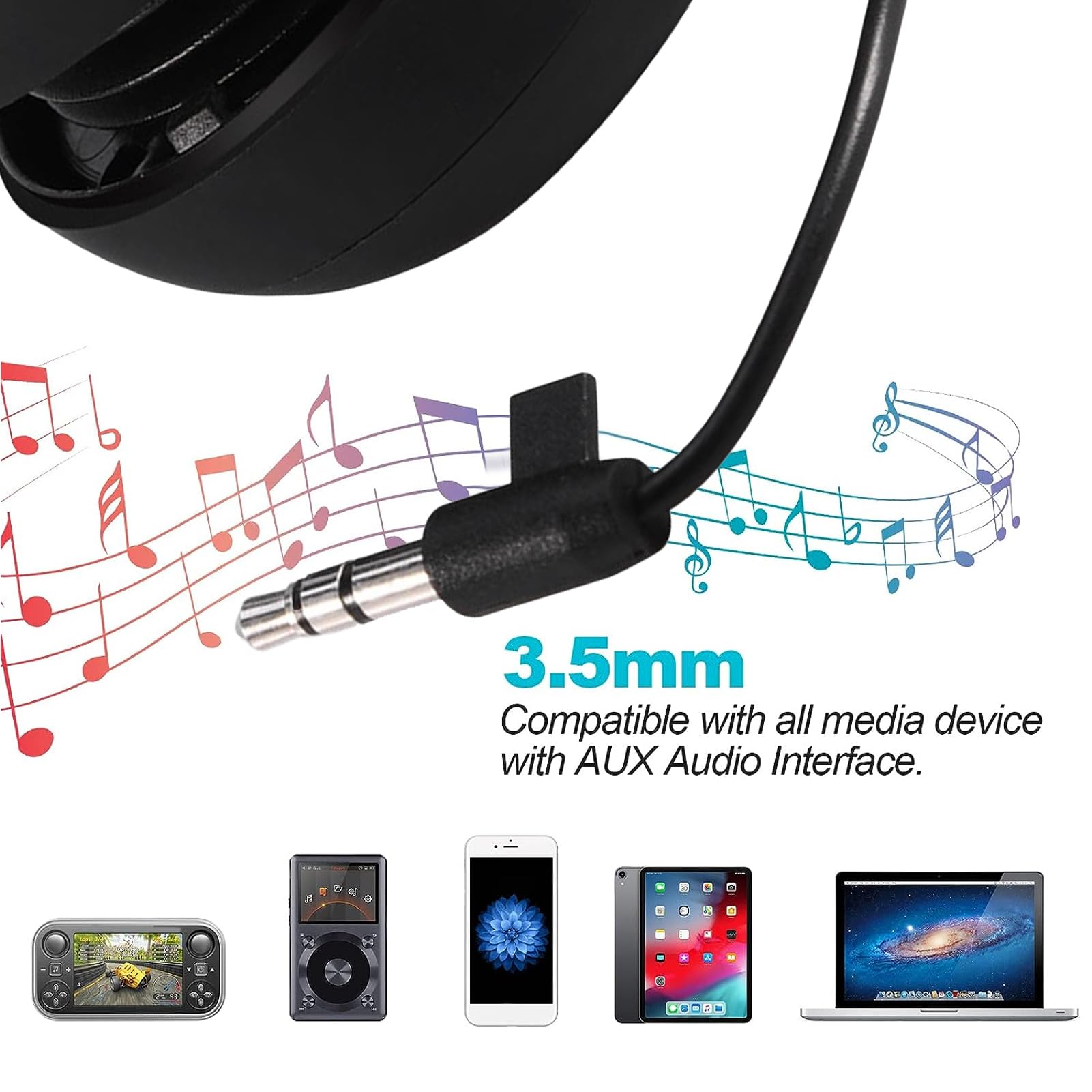 Mini altoparlante da viaggio retrattile da 3,5 mm, con cavo USB per MP3, telefoni cellulari, PC, ecc. (nero)
