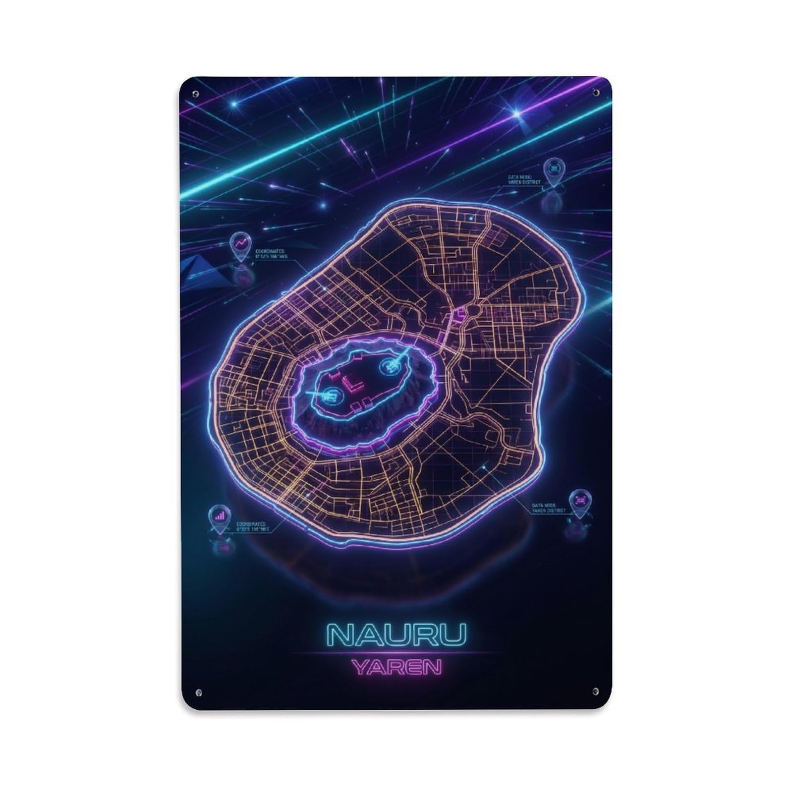 Yaren Nauru Cyber Synthwave Island Map Neon Travel Guide Metal Tin Sign Plaque Wall Decor for Cafe, Man Cave, Club Bar, Office, Home Garden Round Metal Poster 8x12Inch