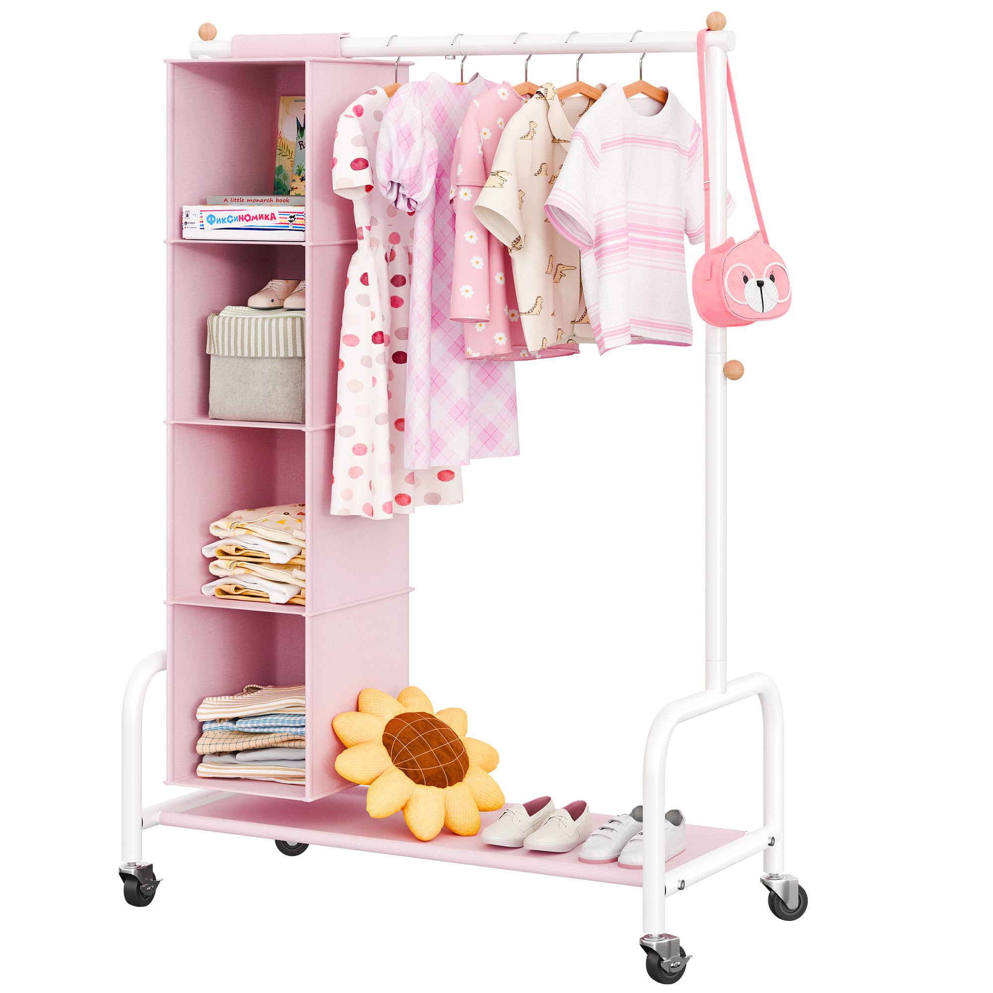 GRANNY SAYS Appendiabiti per Bambini con Organizer a Sospensione, Appendiabiti con Ruote per Travestimenti, Appendiabiti per Bambini, Appendiabiti per la Cameretta dei più Piccoli, Rosa/Bianco