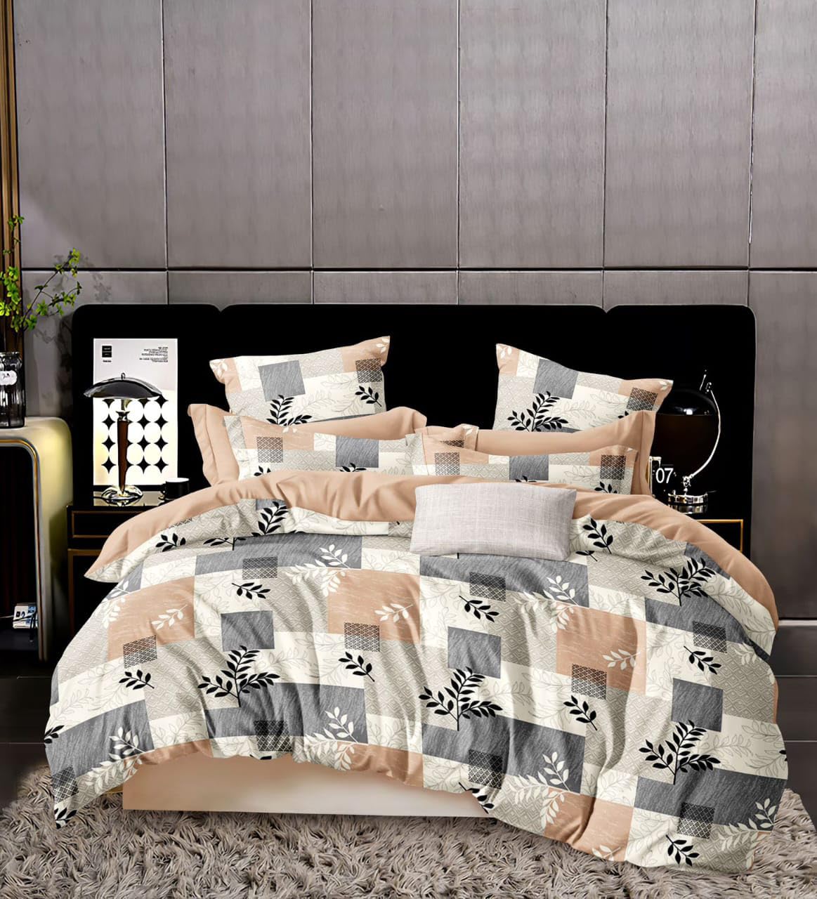 ARIHANT BEDSHEET Geometric Duvet Cover Set with Pillow Covers and Bedsheet, Peach and Grey Floral Pattern, Glace Cotton, Available in diffrent Size (Twin)-image-46