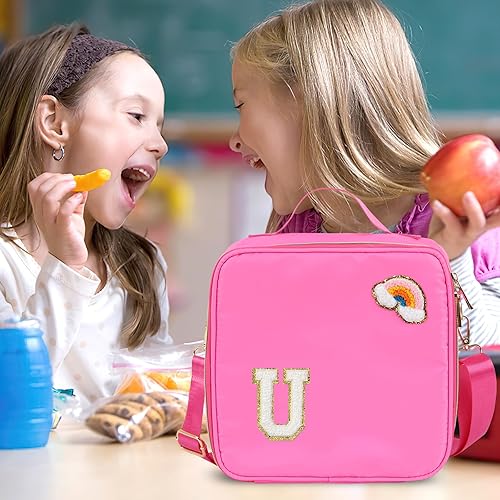 Miniatura 6 de Lonchera de nailon aislada para niñas, niños y mujeres, elegante bolsa de almuerzo grande rosa con correa ajustable y letra S de chenilla, bolsa