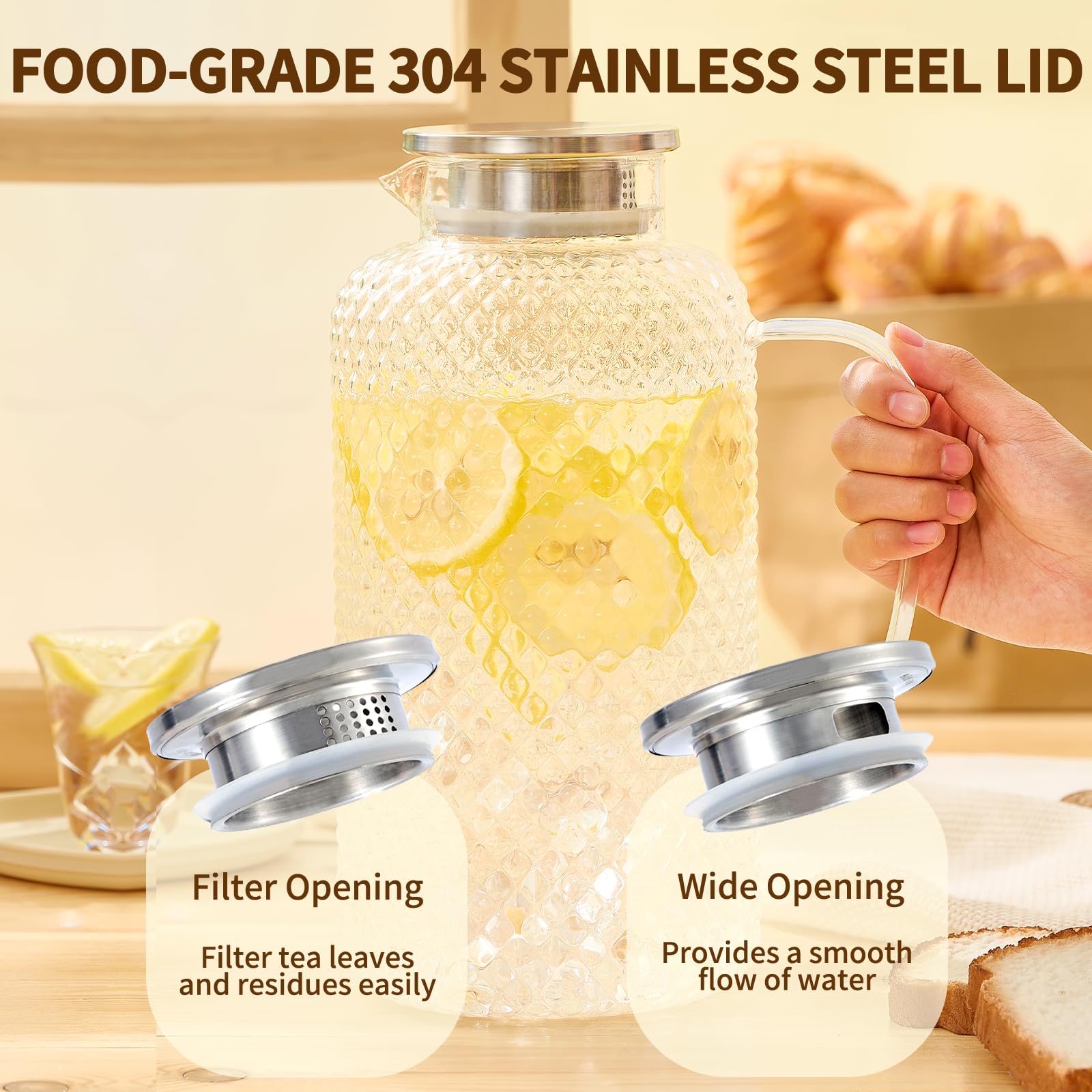 Hannadepot Jarra de vidrio, jarra de agua de vidrio de 3,5 L con tapa y boquilla, resistente al calor y al frío, jarra de agua de vidrio de borosilicato para café, jugo y bebidas caseras