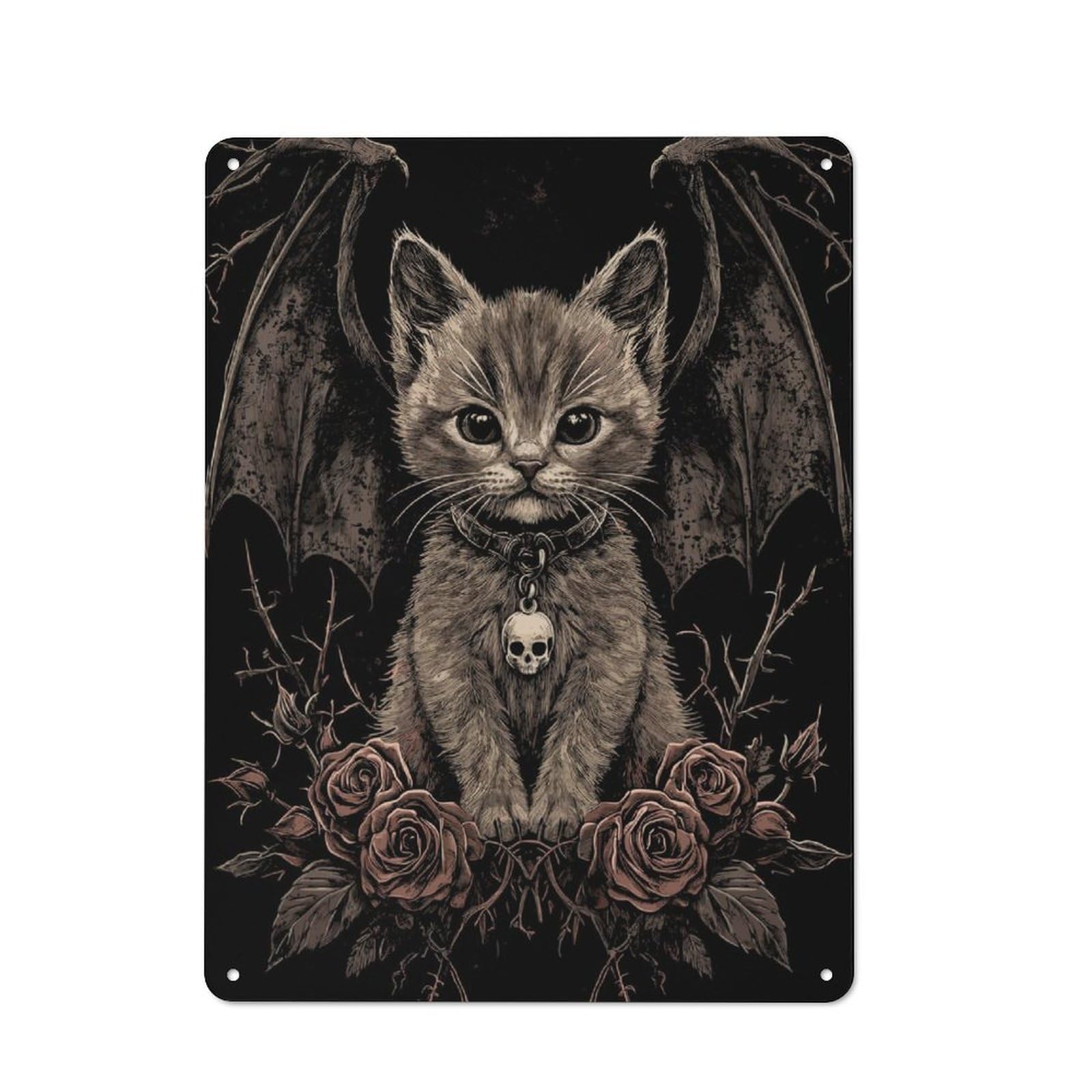 Junmoney Dark Gothic Kitten With Wings Tin Wall Plaque 40X30cm With For Garage Wall, For Collectors Of Retro Metal Wall Decor