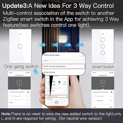 Miniatura 46 de MOES ZigBee Smart Touch Wall Light Switch,Requires Tuya ZigBee Hub,No Neutral Wire/N+L Wiring,No Capacitor,Smart Life Tuya 2/3 Way Remote Control