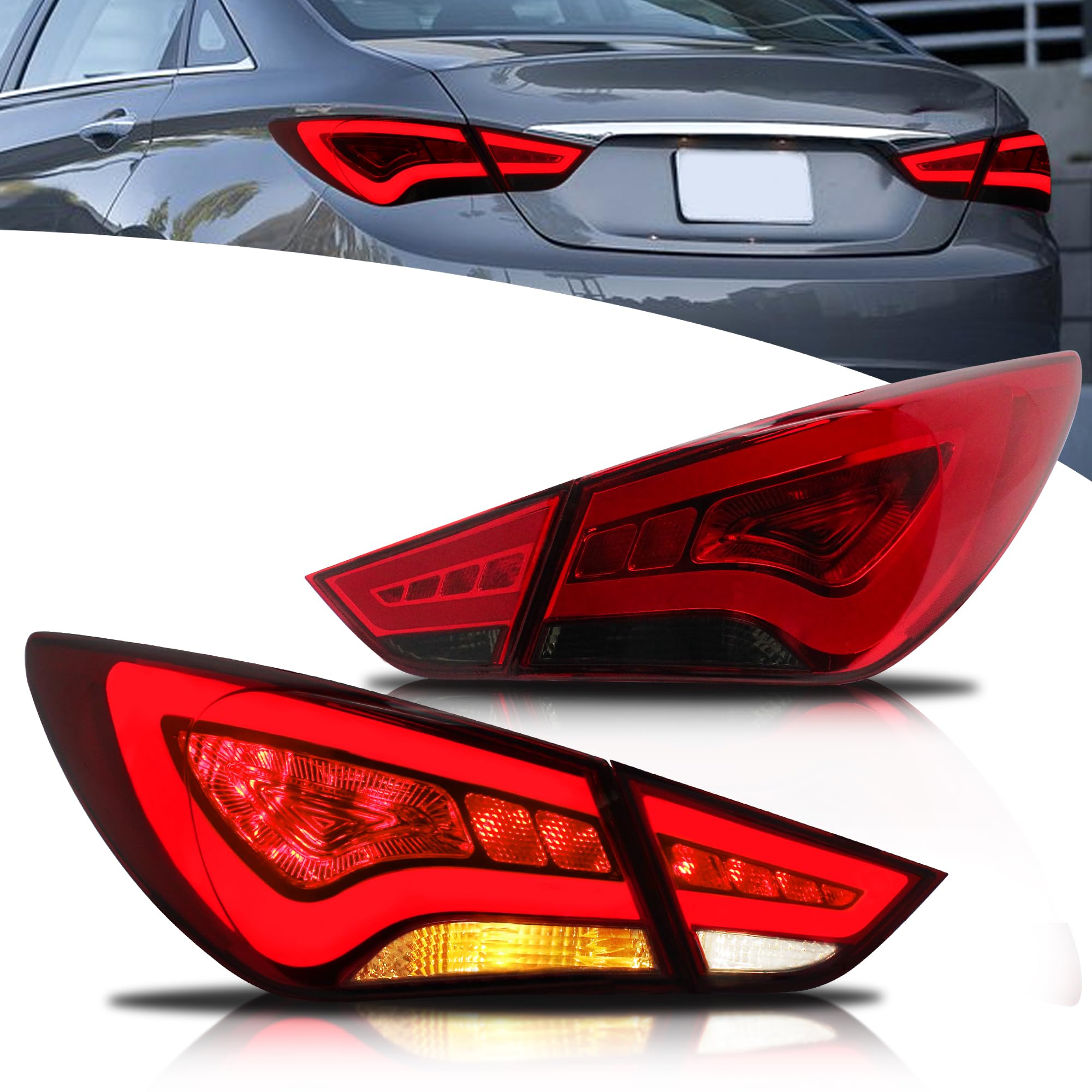 VLAND Tail Lights Compatible with Hyundai Sonata 6th Gen Sedan Halogen 2011-2014, Rear Lights Assembly with Amber Turn Signal, 1 Pair (Red&Smoked)