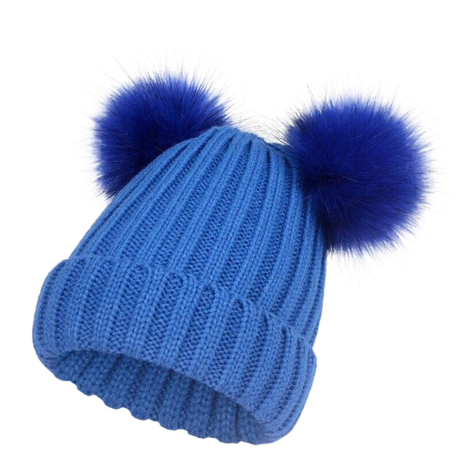 Gorro de Punto con pompón Doble para niños, cálido, Talla S, Color Liso, con Bolas de Pelo Bonitas (Azul, Talla única)