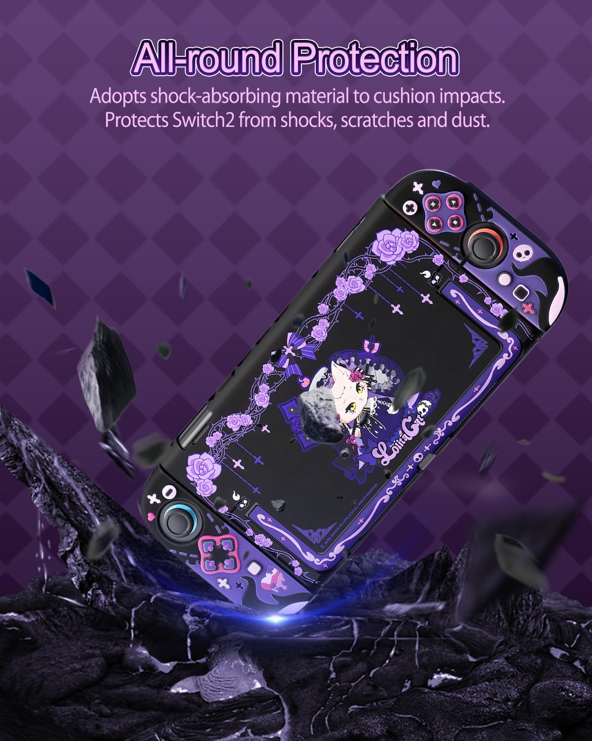 Dockable Protective Case Compatible with Switch 2, PC Hard Shell with Detachable Soft Silicone Controller Cover, 4pcs Thumb Grip Joystick Caps for Switch 2, Kawaii Cute Cartoon, Kickstand Cutouts, Split Design, Military Grade Drop, Anti-Scratch & Anti-Slip, All-Round Protection Shell for Switch2 Accessories - Lolita Cat (Purple)