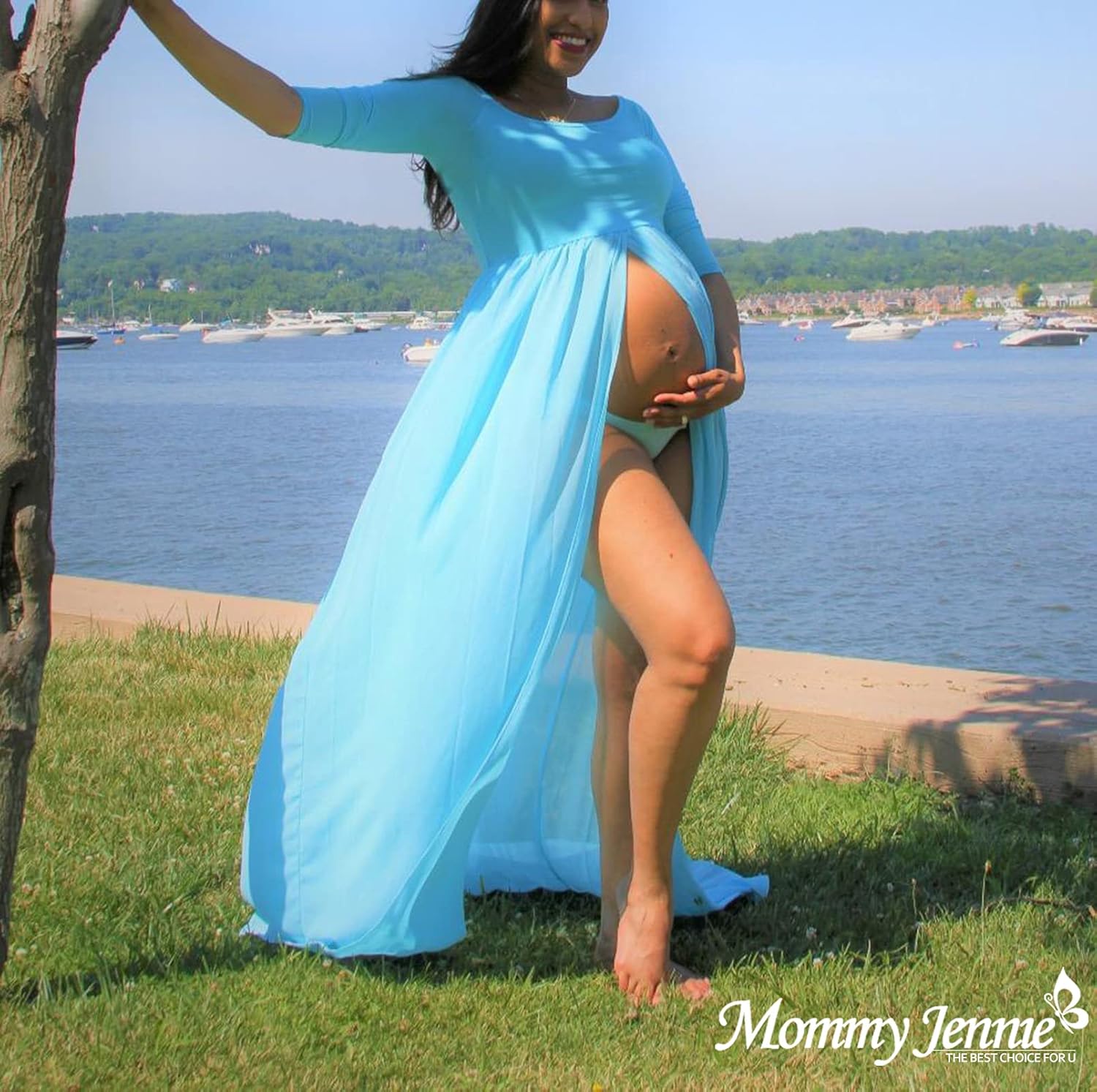 Mommy Jennie Maternity Dress Off Shoulder Long Sleeve Split Front Chiffon Gown for Photoshoot - Image 3