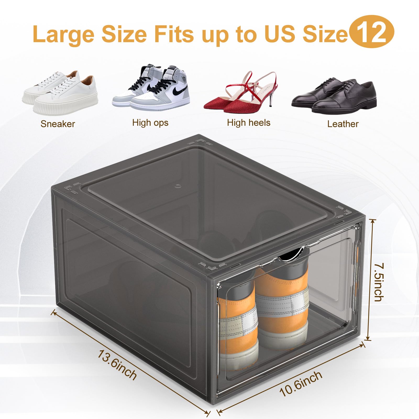 Potahouse ã€?Thicken & Large Shoe Storage Organizer, Upgrade 6 Pack Sneaker Storage Box with Clear Magnetic Doors, Stackable Plastic Shoe Containers for Closet Entryway Dorm Fit Size 12, Black