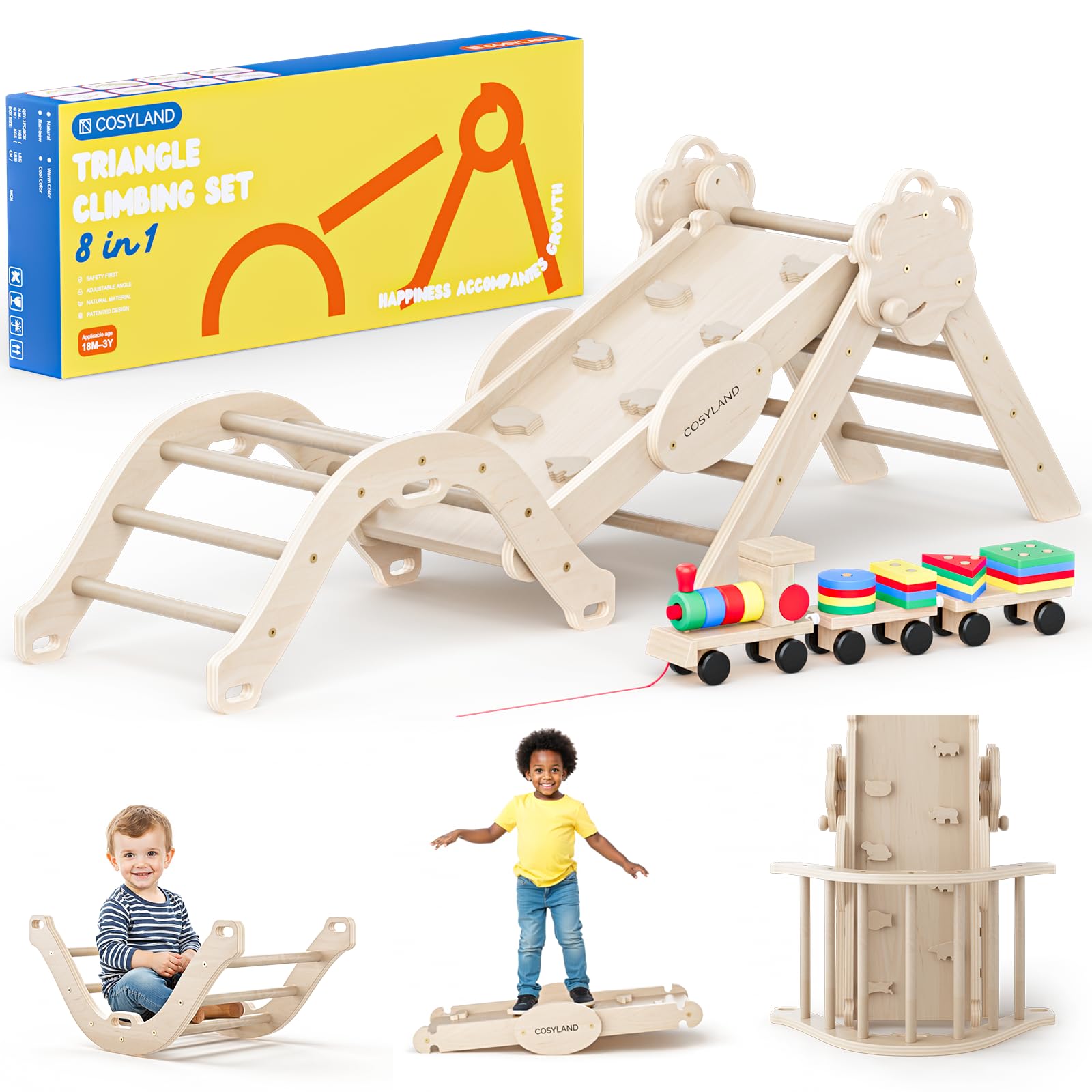 COSYLAND 8 en 1 Triángulo de Escalada Montessori con Arco y Rampa, Set Plegable Infantil, Juguete de Madera Resistente para Interior, Niños 18 Meses-6 años, Colores Natural, Mediano