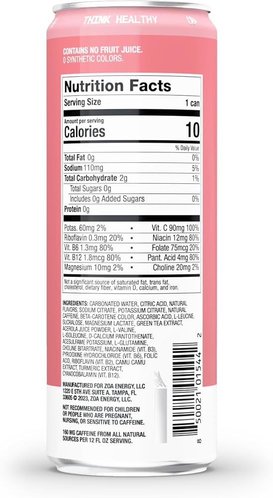 ZOA Zero Sugar Energy Drinks - White Peach | Healthy Energy Formula with Natural Caffeine, Daily Vitamin C, Essential B-Vitamins | Gluten-Free, Keto Friendly | 12 Ounce Cans (Pack Of 12)