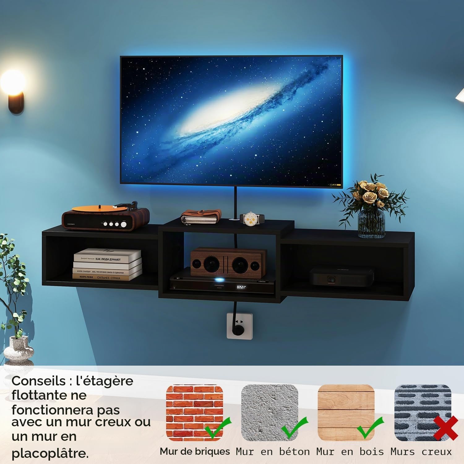 IBUYKE WST013B Support TV flottant à fixation murale, meuble TV en bois, étagère flottante pour rangement sous TV pour salon, chambre à coucher, bureau, noir