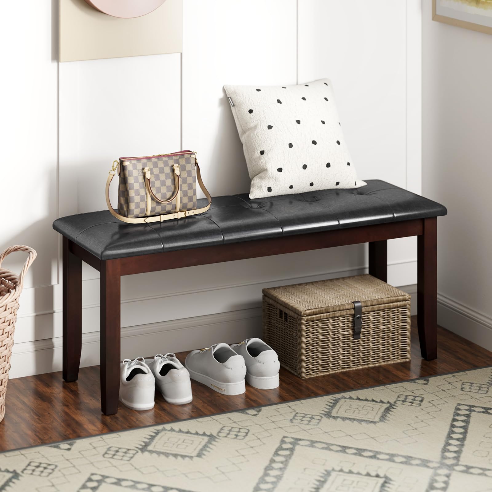 Giantex Dining Room Bench, Traditional Upholstered Table Benches, Hallway PU Leather Bench Entryway Bench, Bedroom Bench for End of Bed, Ottoman Bench (Brown)