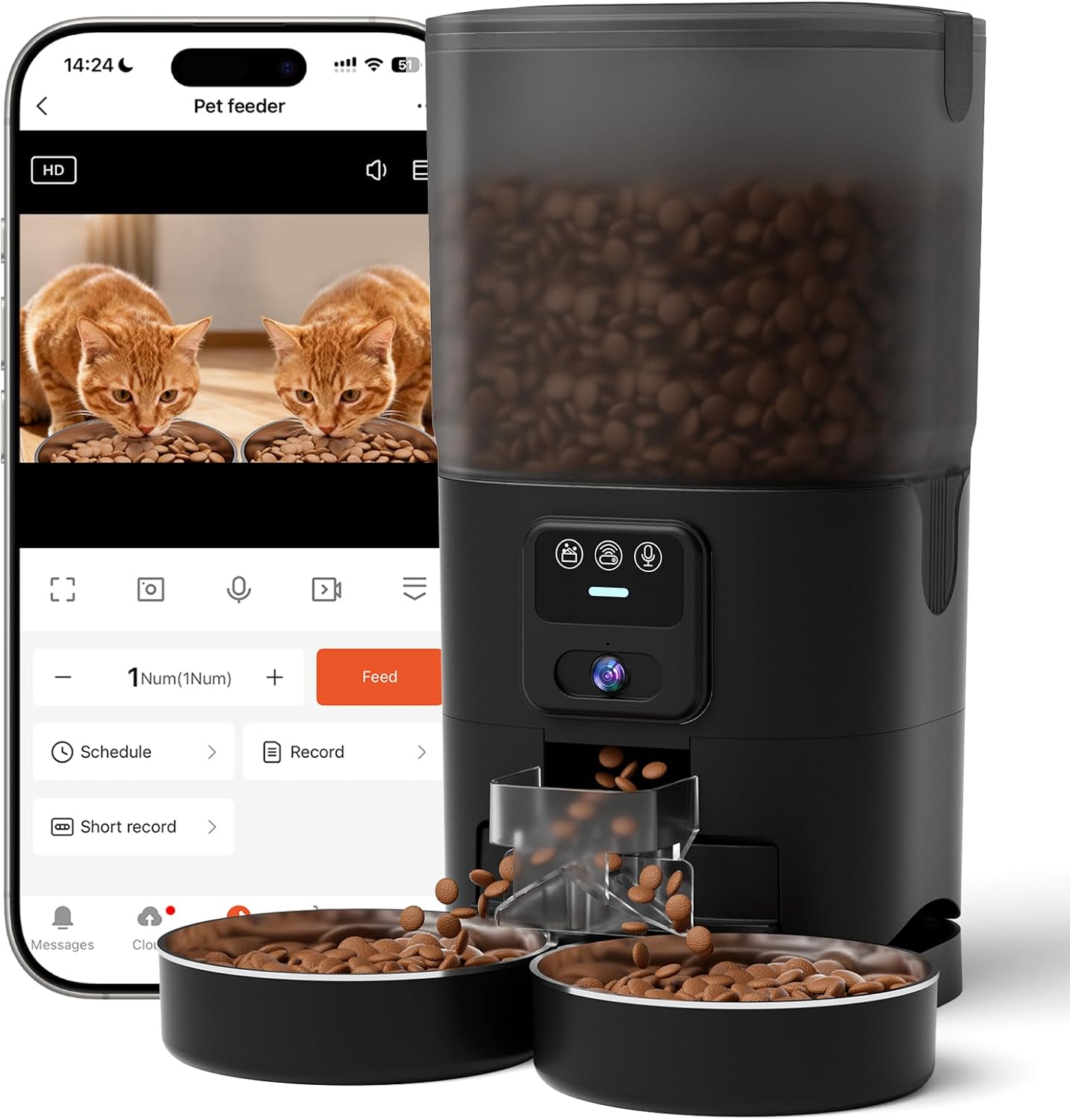 PAPIFEED Automatic Cat Feeder with Camera, 1080P HD & Night Vision, 7L Cat Food Dispenser for 2 Cats, 5G WiFi Timed Cat Feeder with App, 10 Meals/Day, Smart Pet Feeder for Dry Food, Black