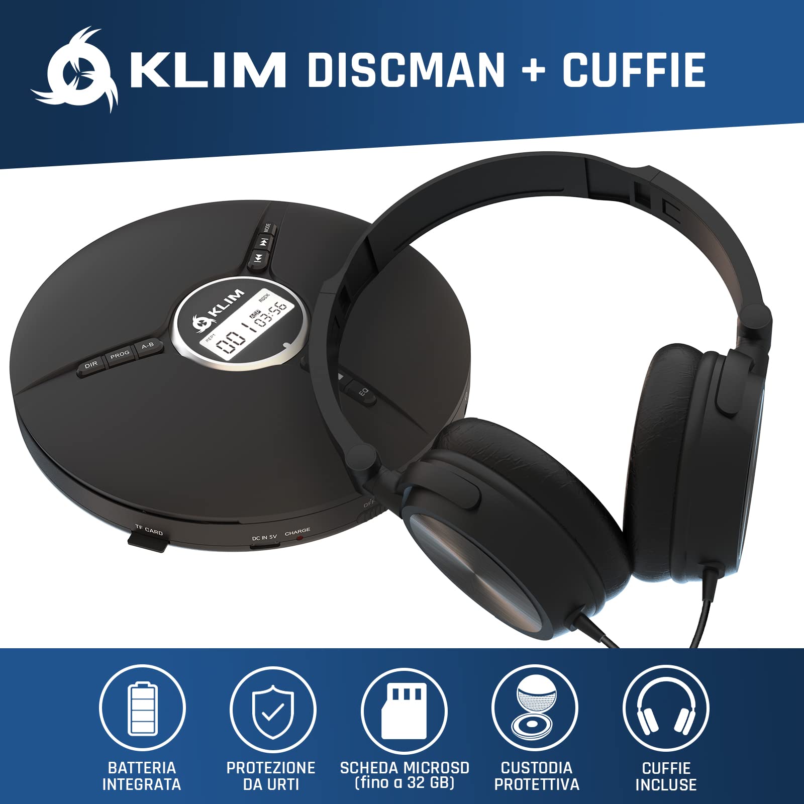 KLIM Discman Lettore CD Portatile con Cuffie e Batteria Ricaricabile CD-R CD-RW MP3