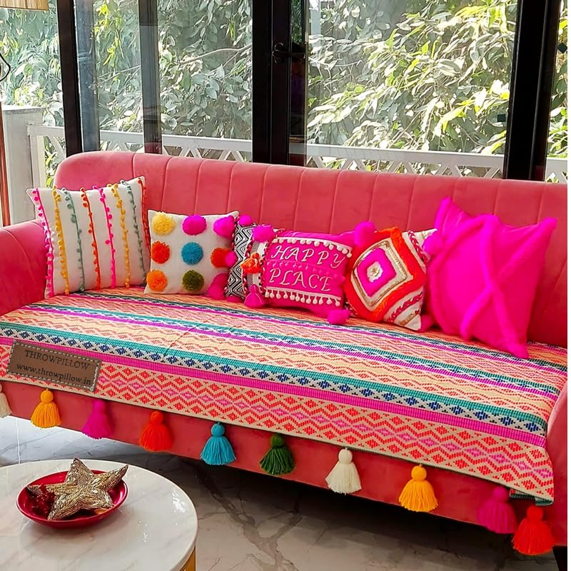 Image of Rainbow Aztech Tassel Sofa Cover:Sofa Protector:Heavy Weight Performance Fabric, AntiSlip, Scratch Resistant:Seat Protection -Set of 3 Seat Covers- L Shape (2 Seater + Lounger + Ottoman)