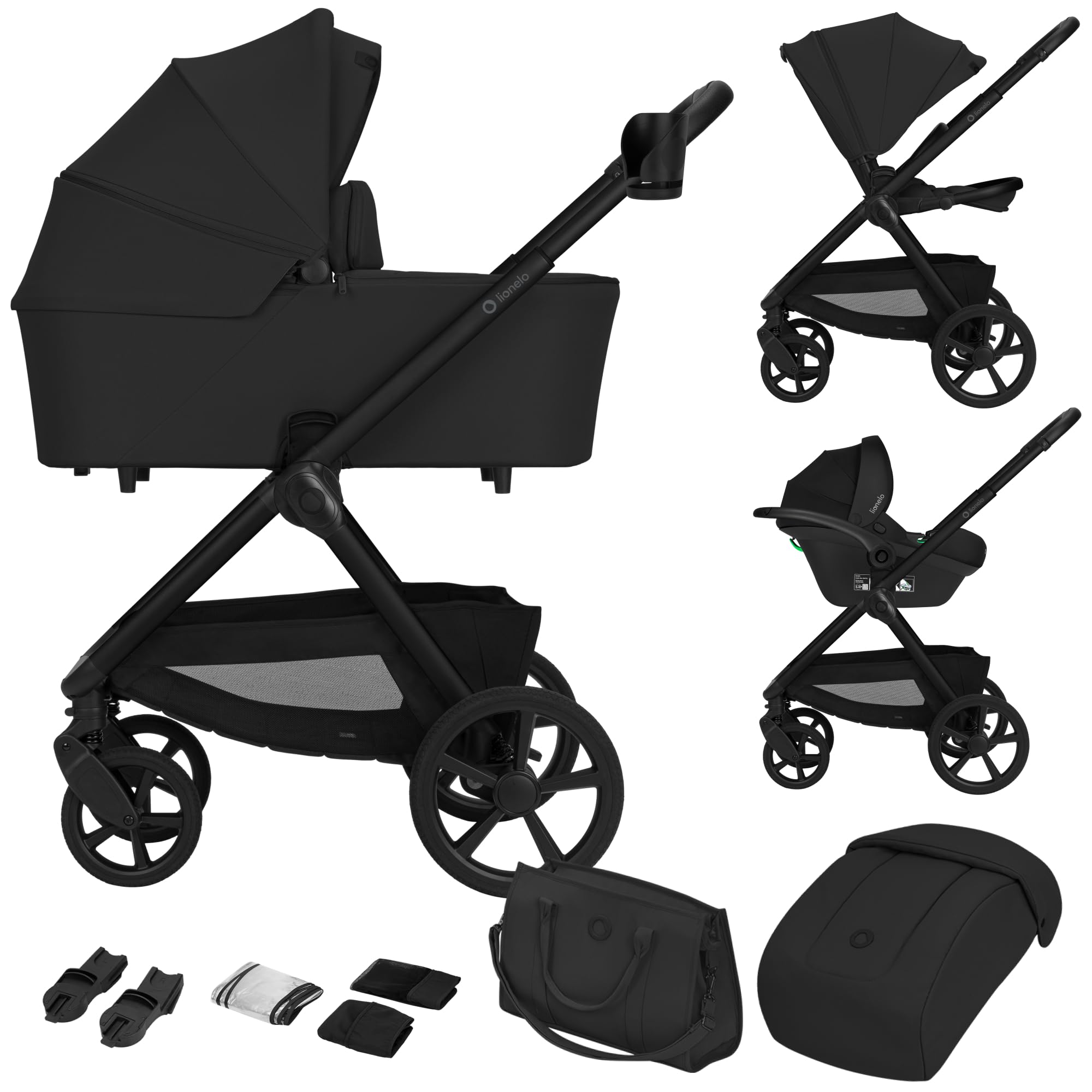 LIONELO Carmine Poussette 3 en 1 3 en 1 (0-4 ans, 0-22 kg), système de voyage ADAC, nacelle et poussette, roues GravelTech, suspension, UPF50+, position allongée, aération, accessoires