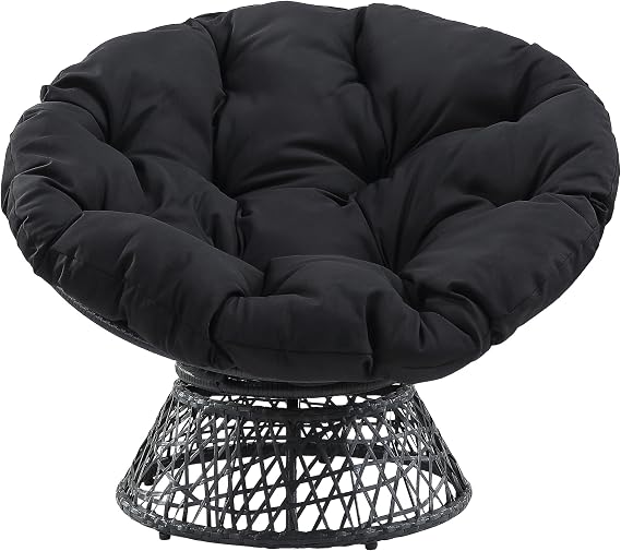 OSP Home Furnishings Wicker Papasan Chair with 360-Degree Swivel, Grey Frame with Black Cushion