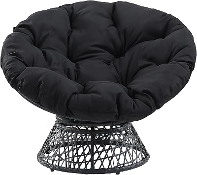 OSP Home Furnishings Wicker Papasan Chair with 360-Degree Swivel, Grey Frame with Black Cushion