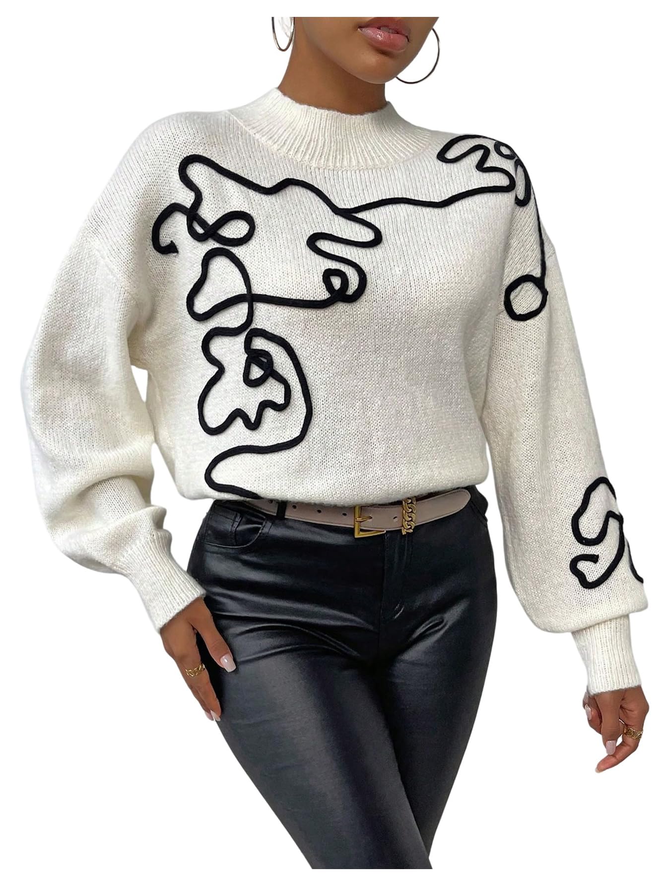 Milumia Womens Graphic Mock Neck Sweater Long Lantern Sleeve Drop Shoulder Casual Pullover Tops